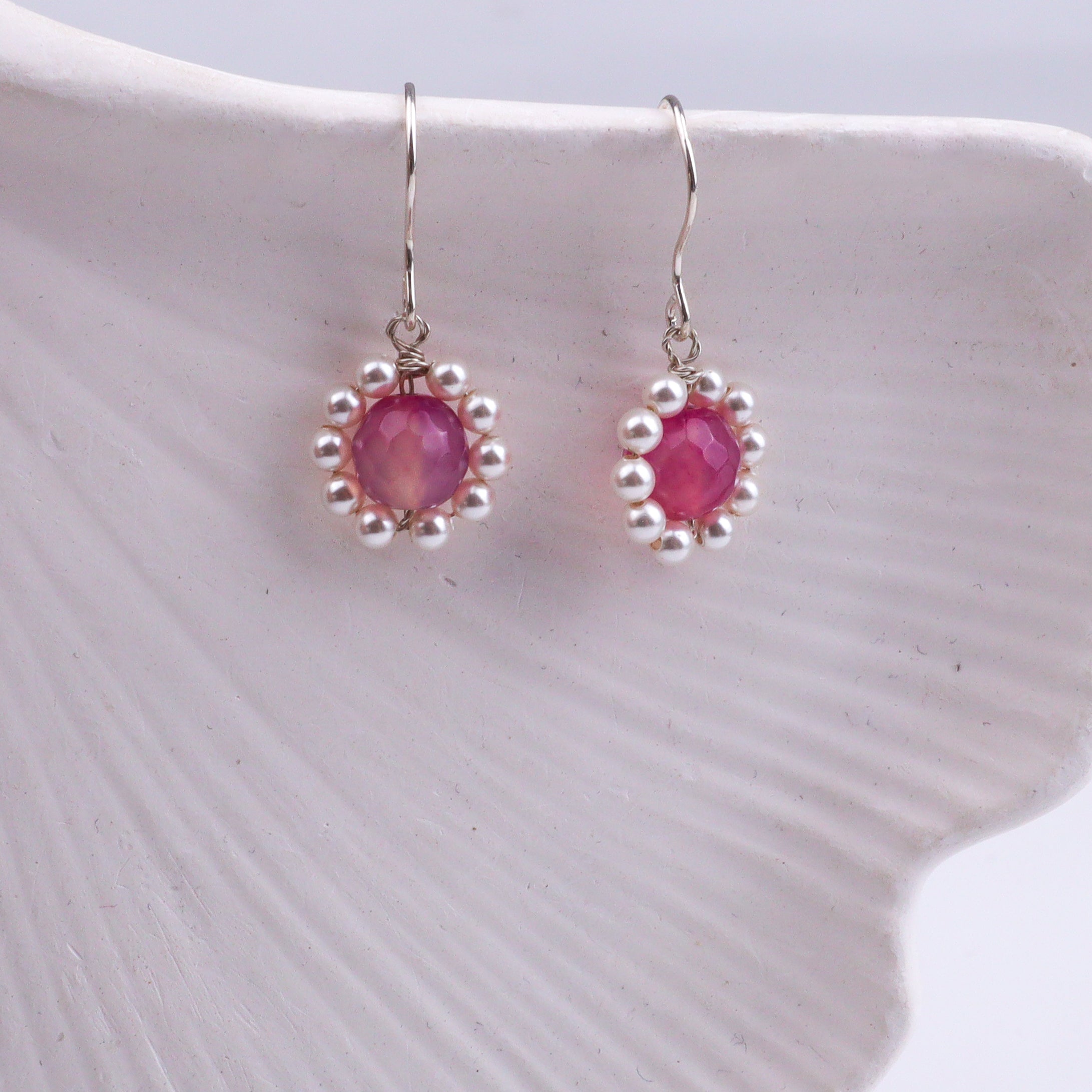 Pink Agate & Pearl Silver Earrings (Project Handmade)