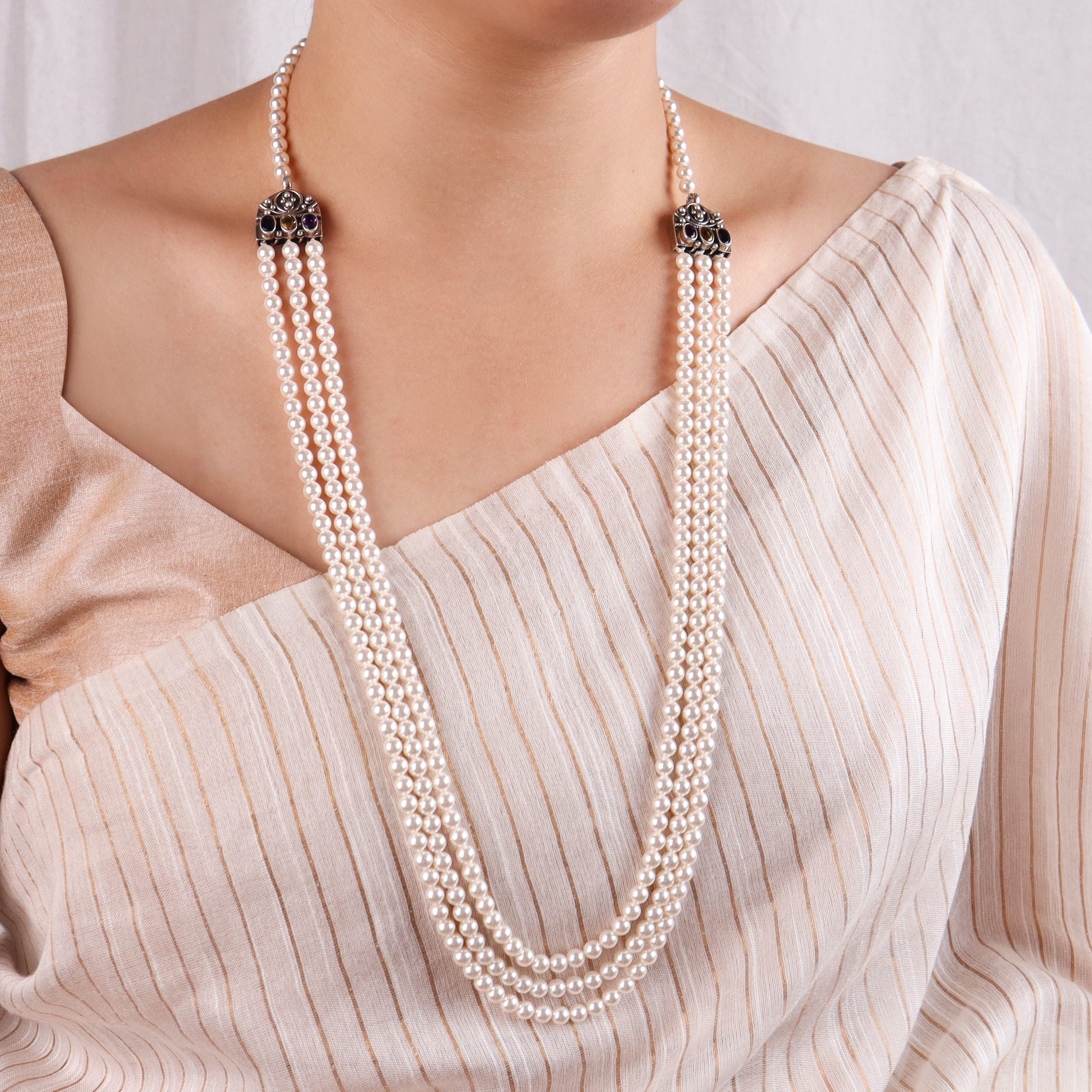 3 Layer Multi-color Pearl Necklace | 92.5 Silver