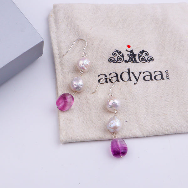 Baroque Pearl & Semi-Precious Stone Silver Earrings (Project Handmade)