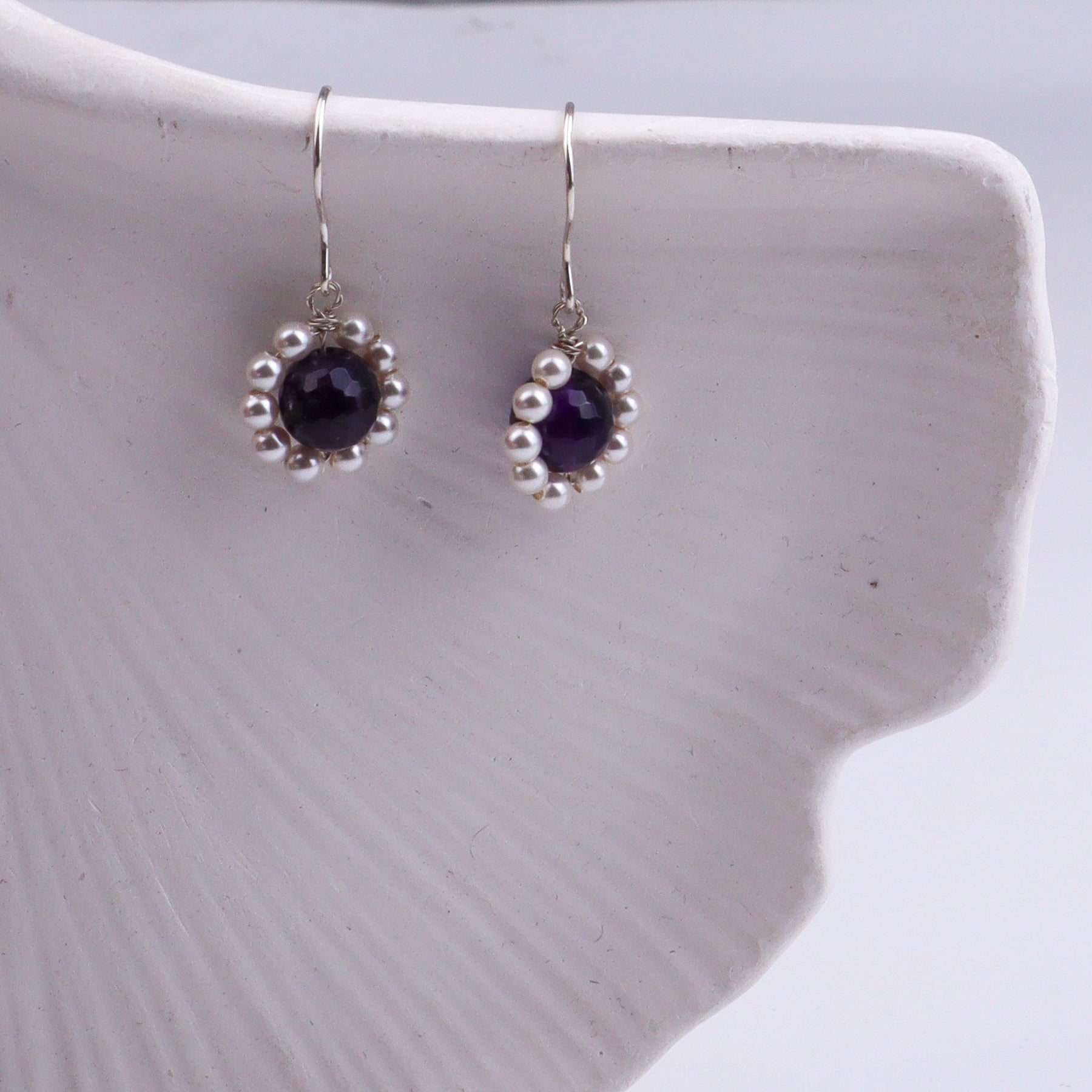Purple Agate & Pearl Silver Earrings (Project Handmade)