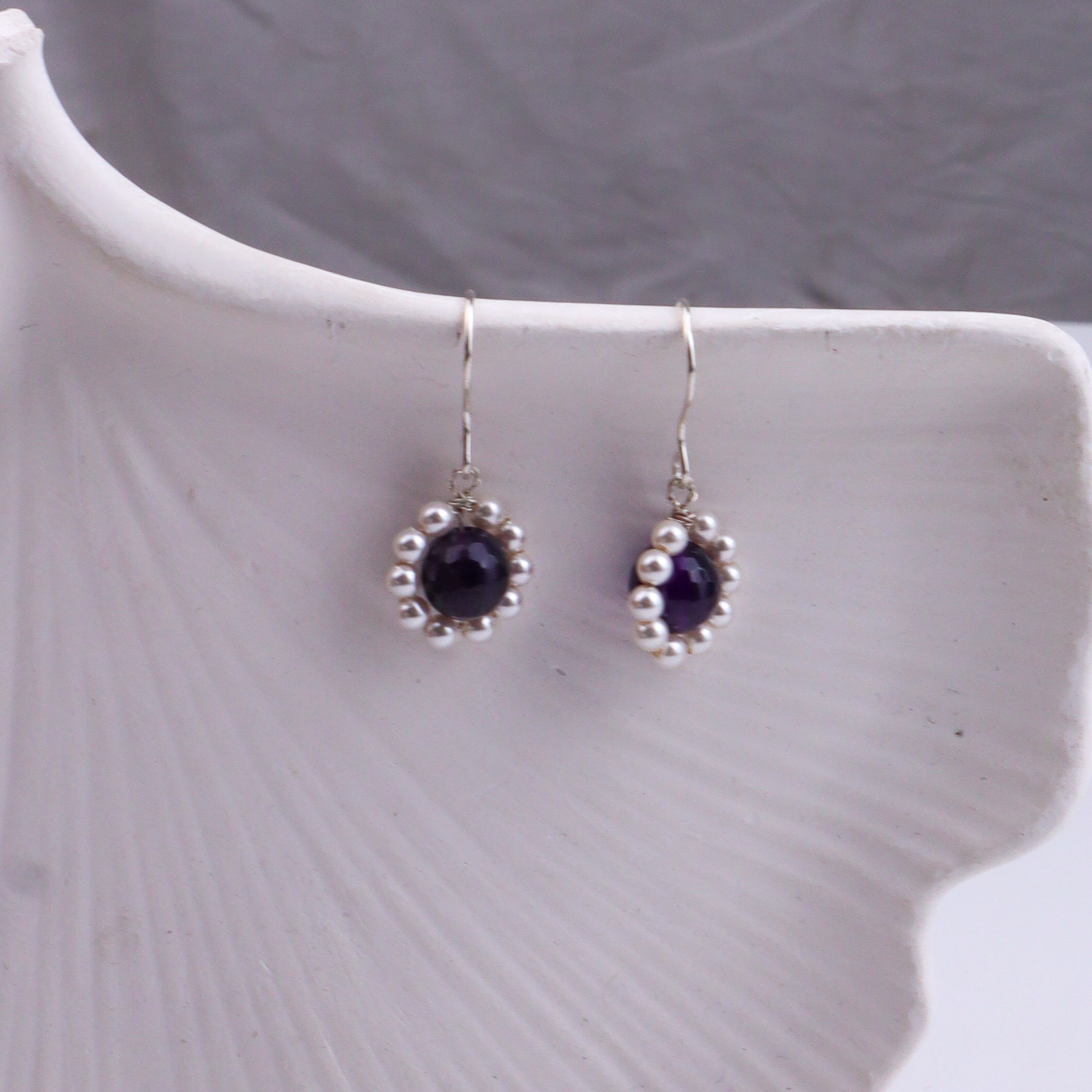 Purple Agate & Pearl Silver Earrings (Project Handmade)