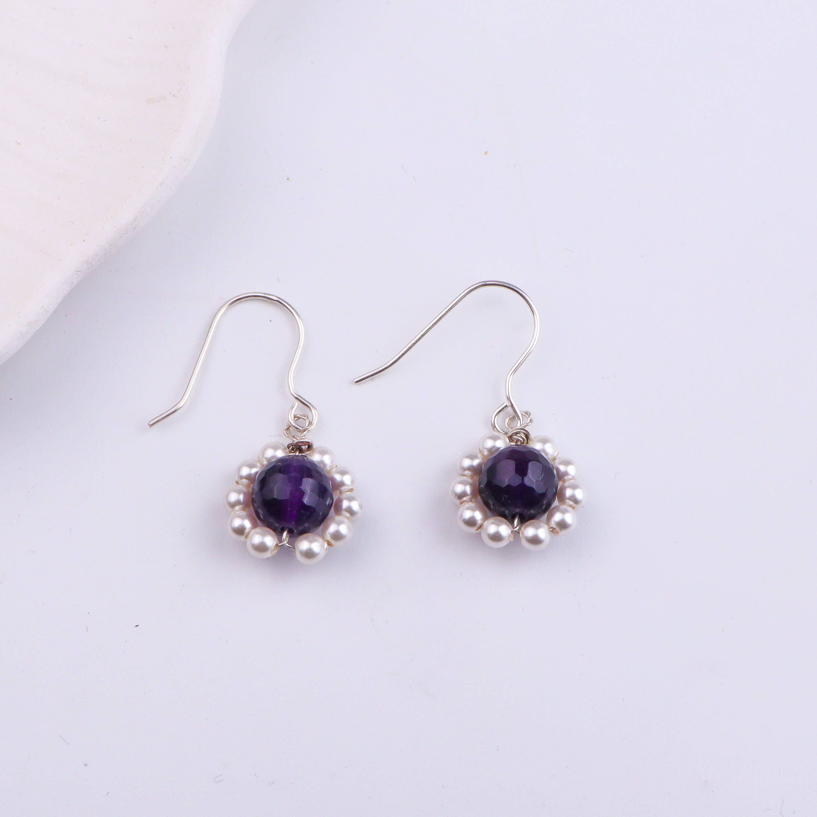 Purple Agate & Pearl Silver Earrings (Project Handmade)