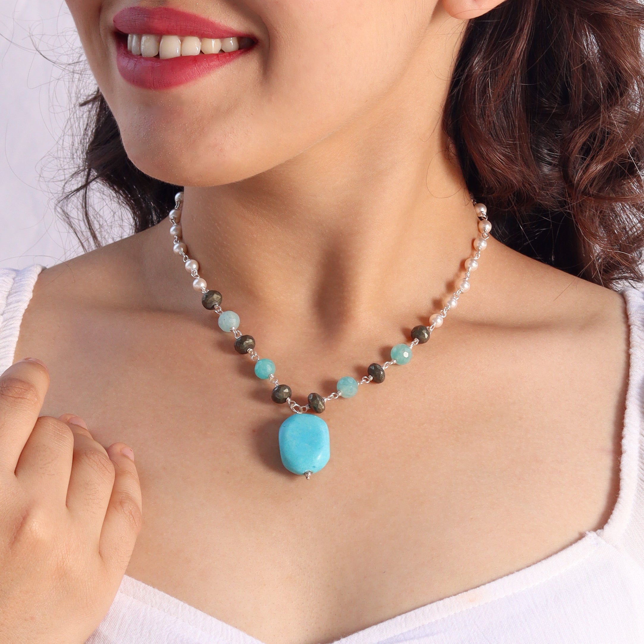 Silver Pearl Ganthan Necklace with Pyrite and Terquoise