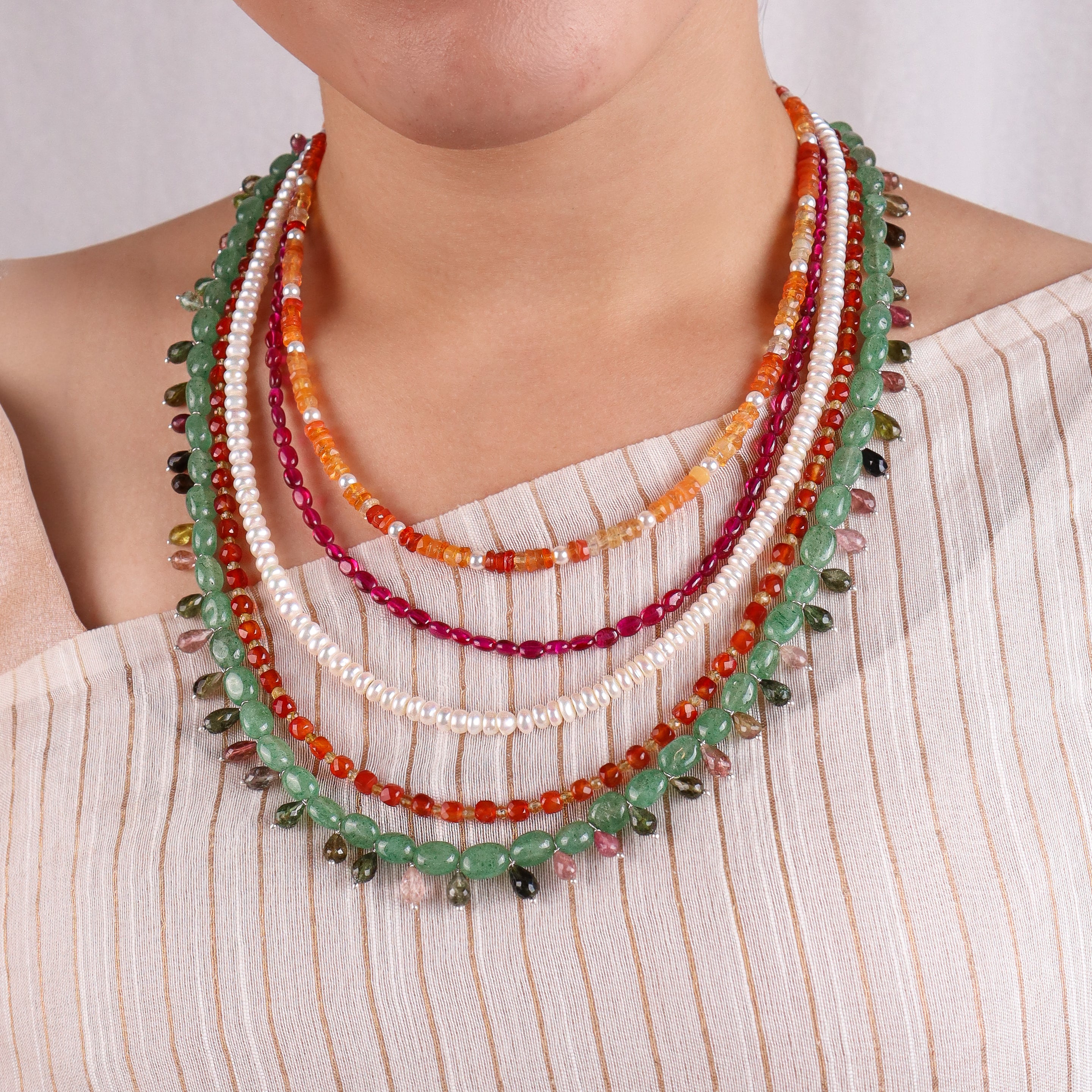 Luxe Necklace - Multicolour Stones and Fresh Water Pearls