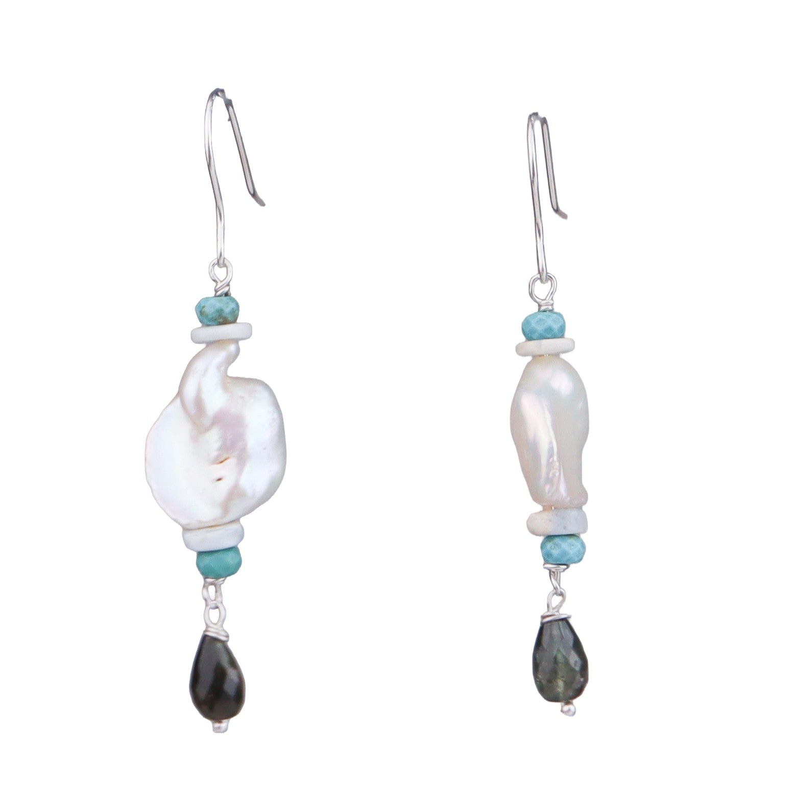 Baroque Pearl, Turquoise & Tourmaline Silver Earrings (Project Handmade)
