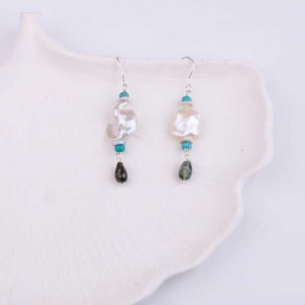 Baroque Pearl, Turquoise & Tourmaline Silver Earrings (Project Handmade)