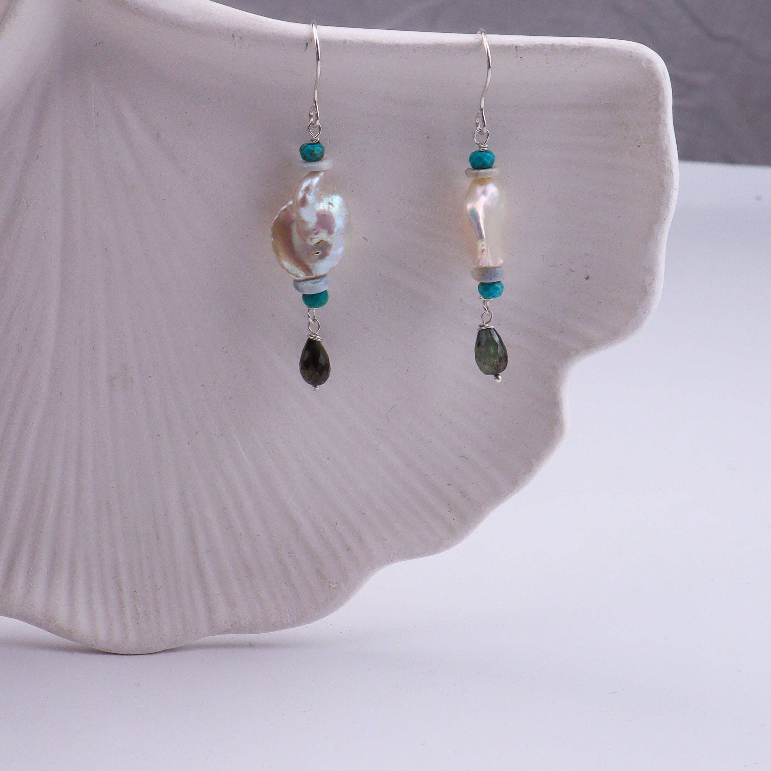 Baroque Pearl, Turquoise & Tourmaline Silver Earrings (Project Handmade)