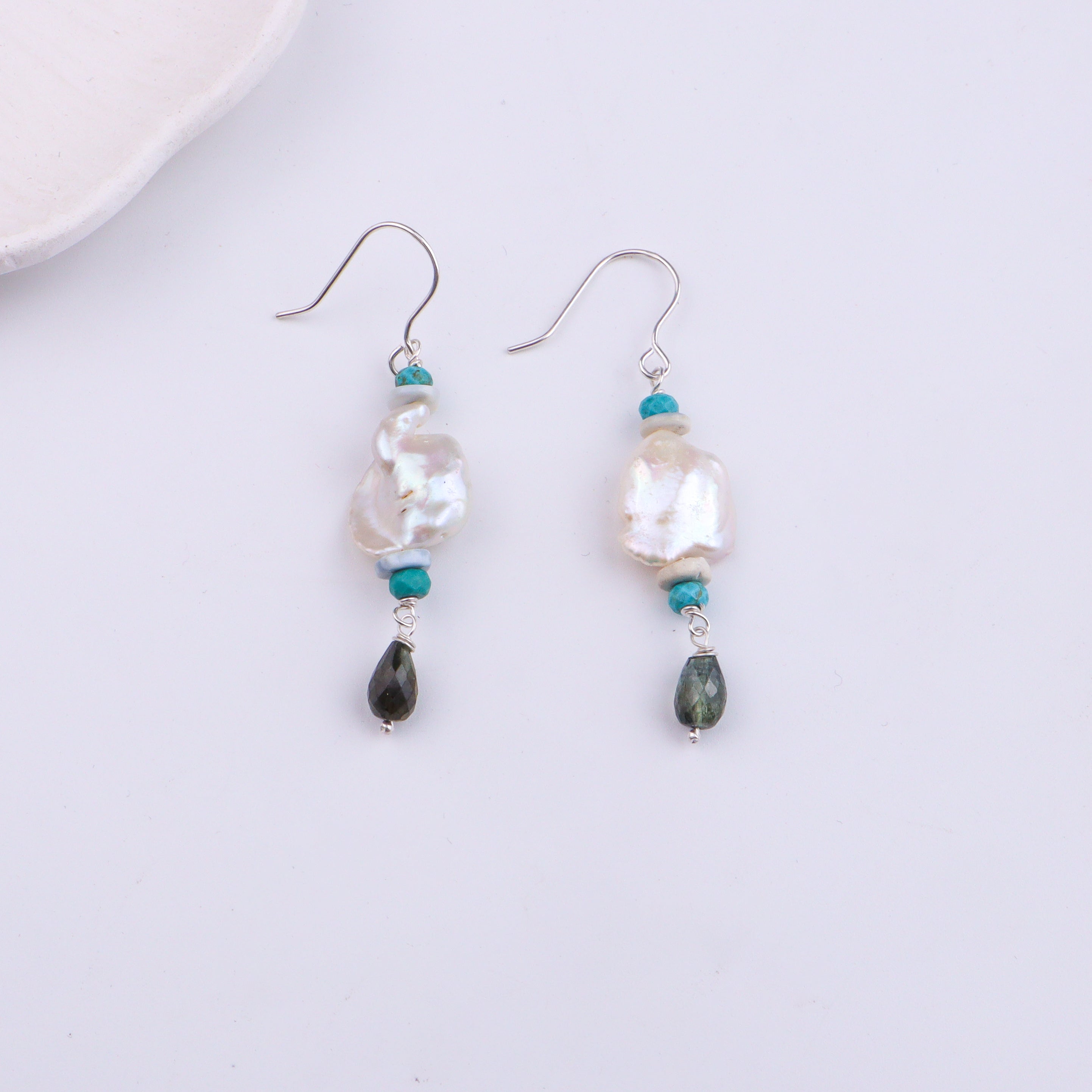 Baroque Pearl, Turquoise & Tourmaline Silver Earrings (Project Handmade)