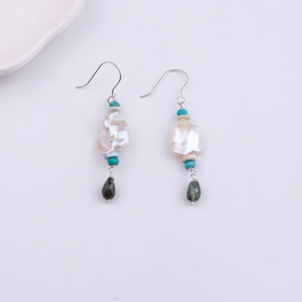 Baroque Pearl, Turquoise & Tourmaline Silver Earrings (Project Handmade)