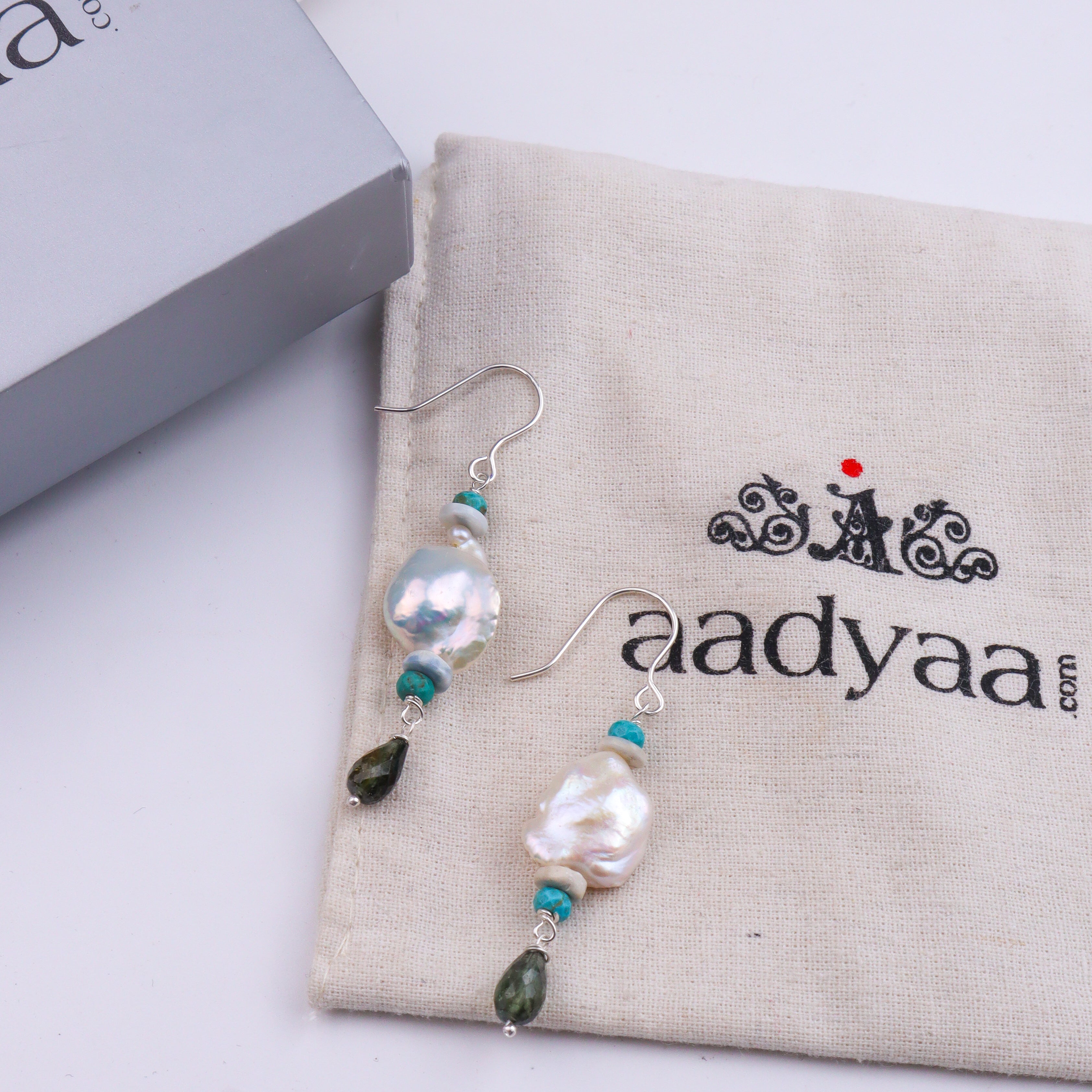 Baroque Pearl, Turquoise & Tourmaline Silver Earrings (Project Handmade)
