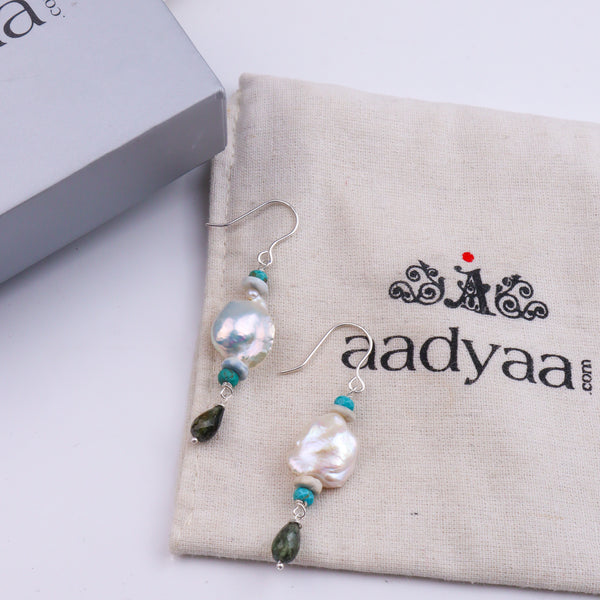 Baroque Pearl, Turquoise & Tourmaline Silver Earrings (Project Handmade)