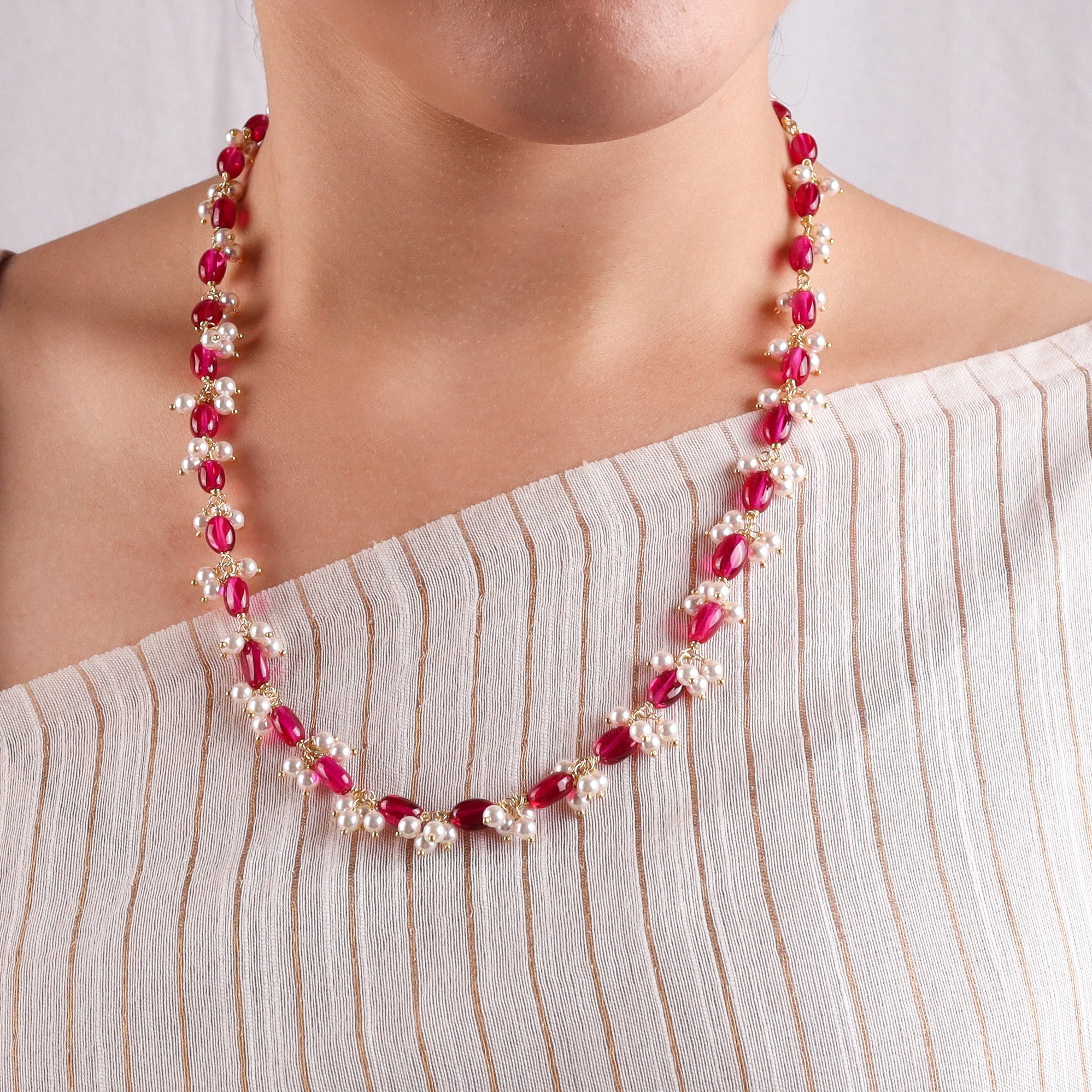 Luxe ruby and pearl necklace in 92.5 silver with 22K gold plating