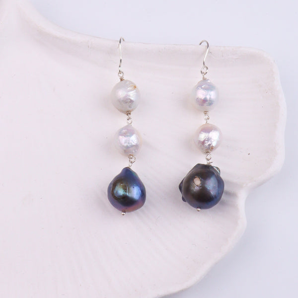 Black & White Baroque Pearl Silver Earrings (Project Handmade)