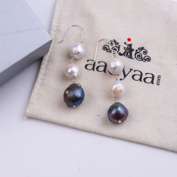 Black & White Baroque Pearl Silver Earrings (Project Handmade)
