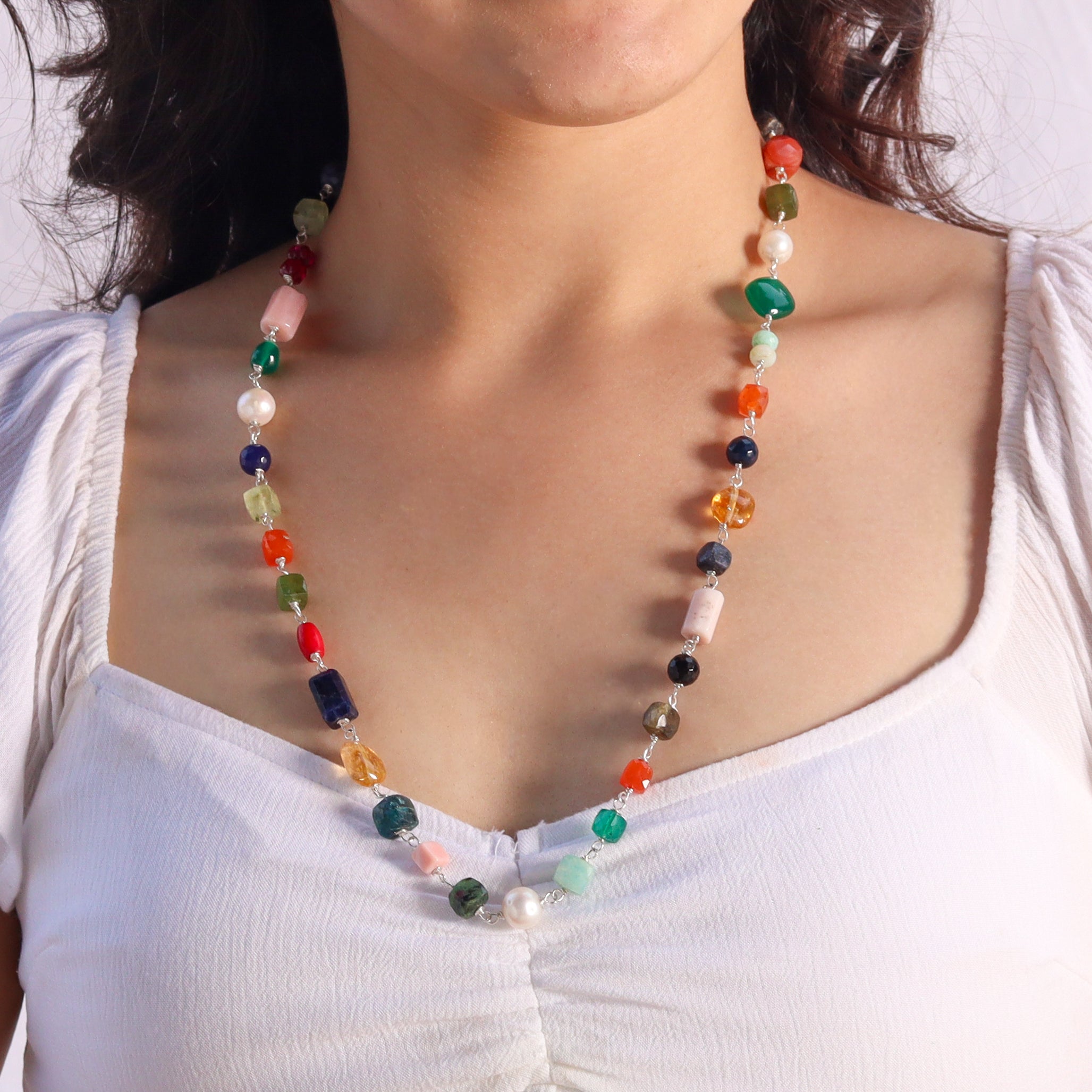 Silver Multicolor Ganthan Necklace (26 inch)