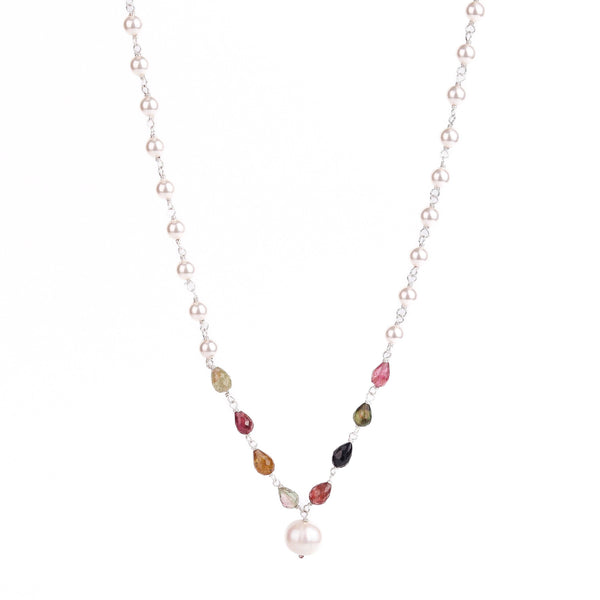 Model wearing pearl Ganthan necklace with semiprecious stones for festive or wedding styling