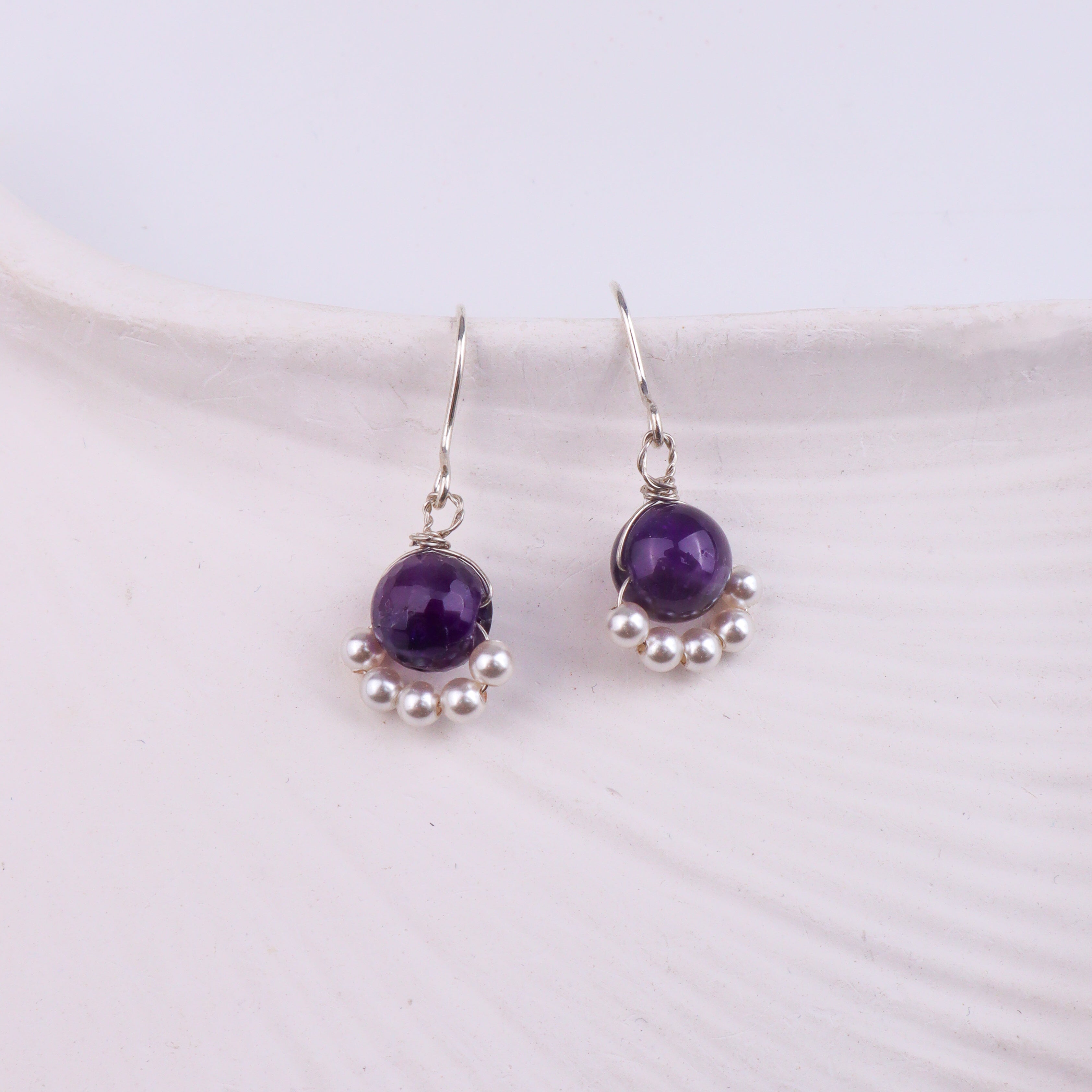 Purple Agate & Pearl Silver Earrings (Project Handmade)