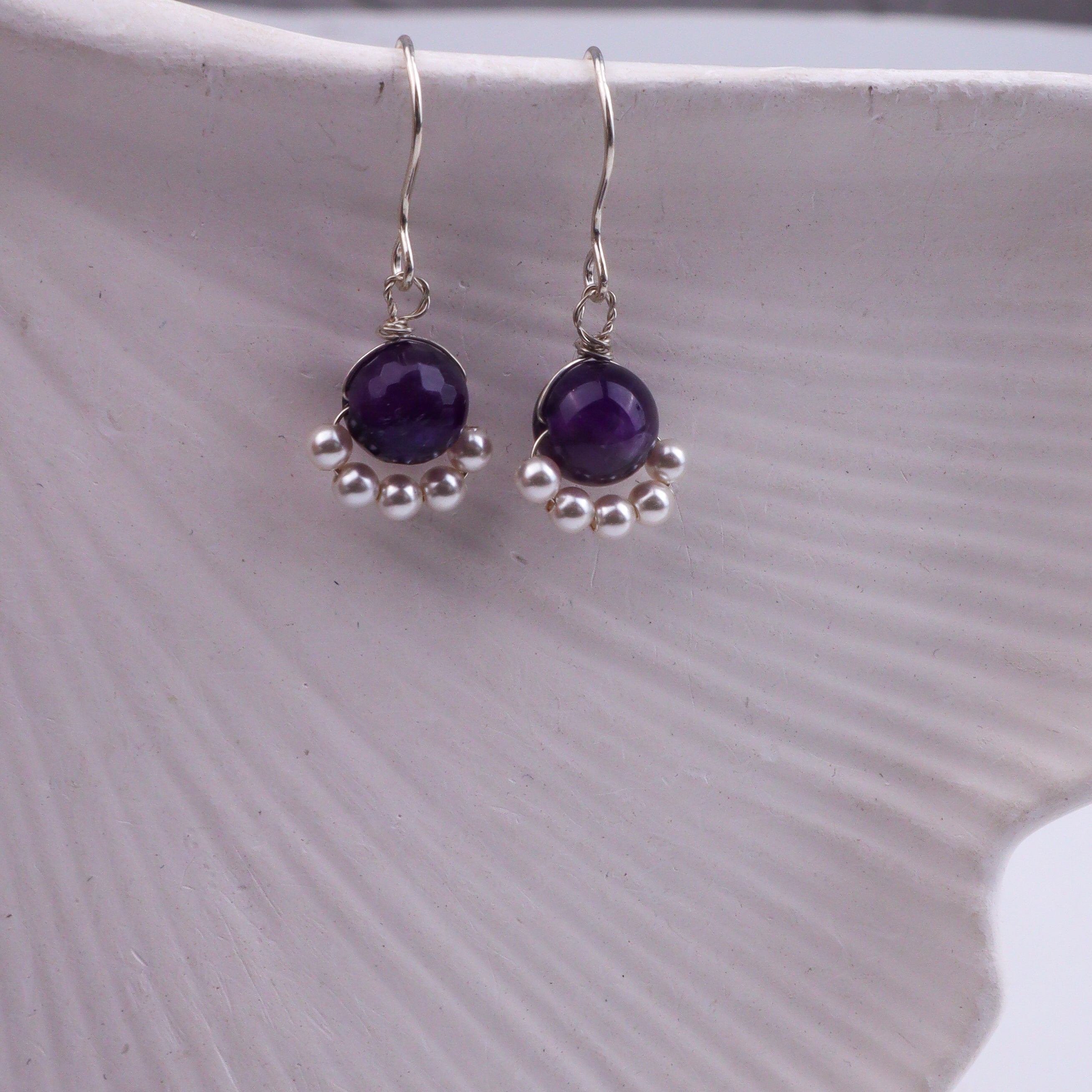 Purple Agate & Pearl Silver Earrings (Project Handmade)