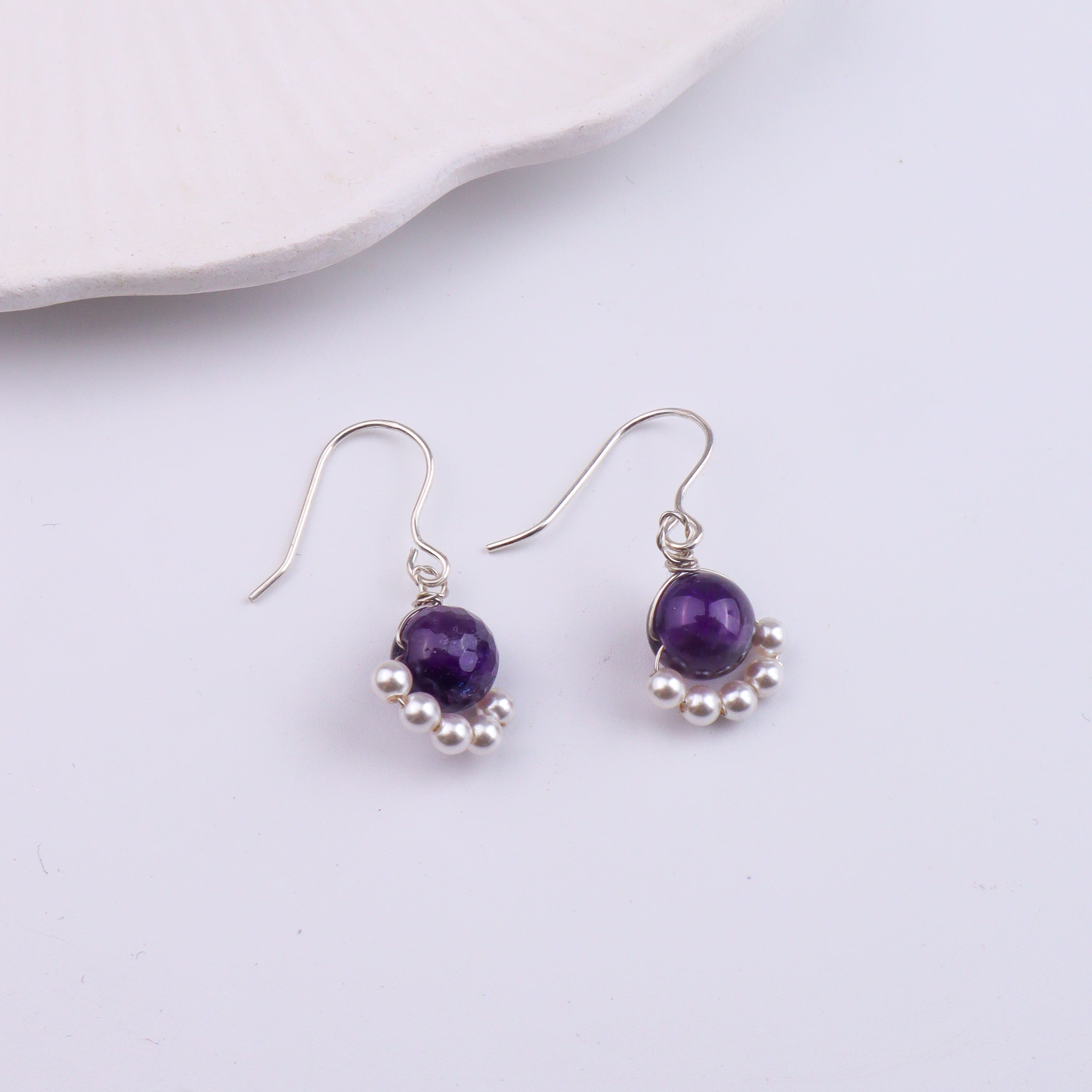 Purple Agate & Pearl Silver Earrings (Project Handmade)