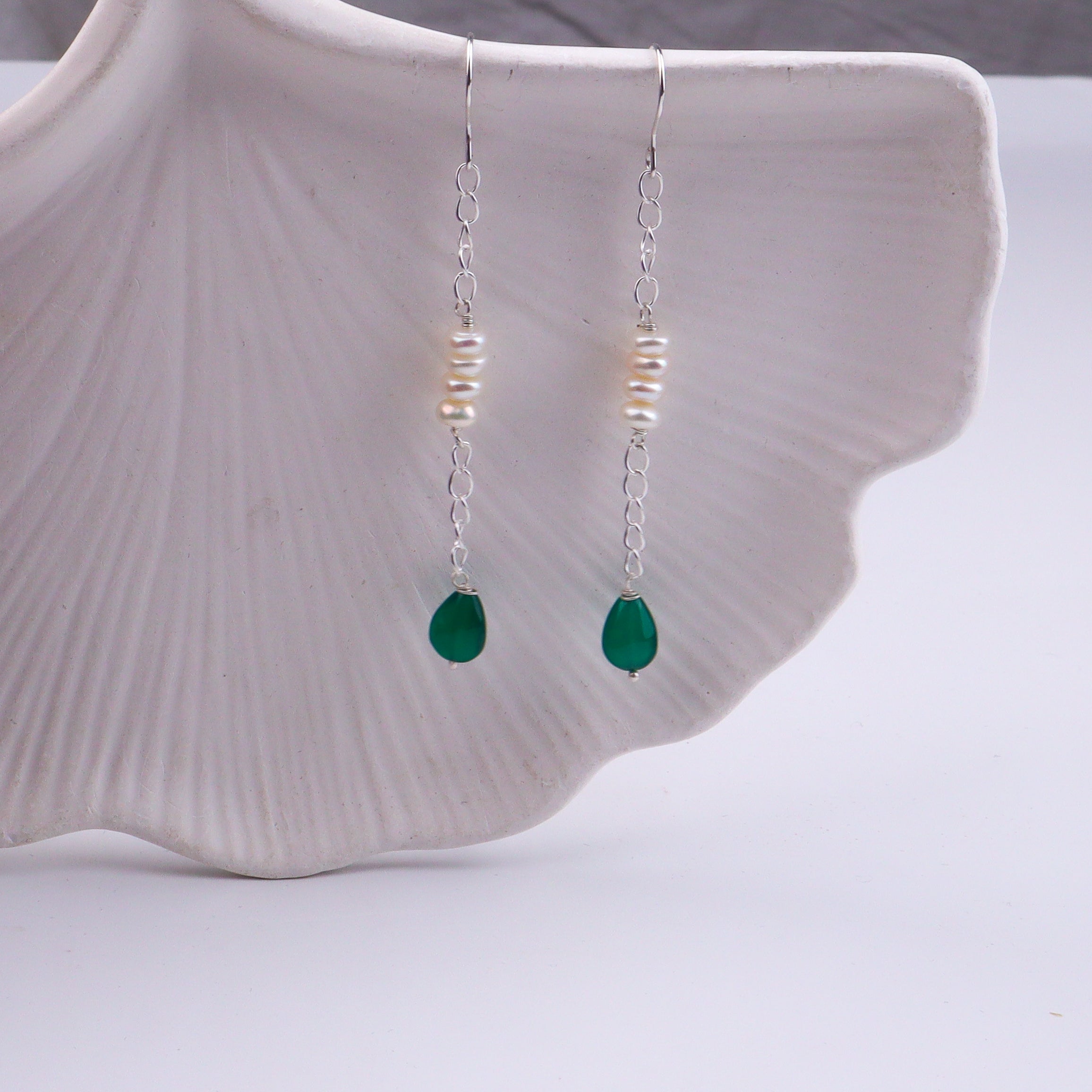 Green Onyx & Pearl Silver Earrings (Project Handmade)