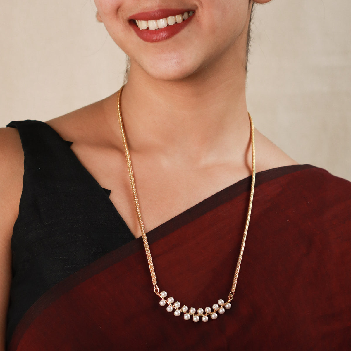 Pearl Beaded Thick Chain Necklace Long (Gold Plated)