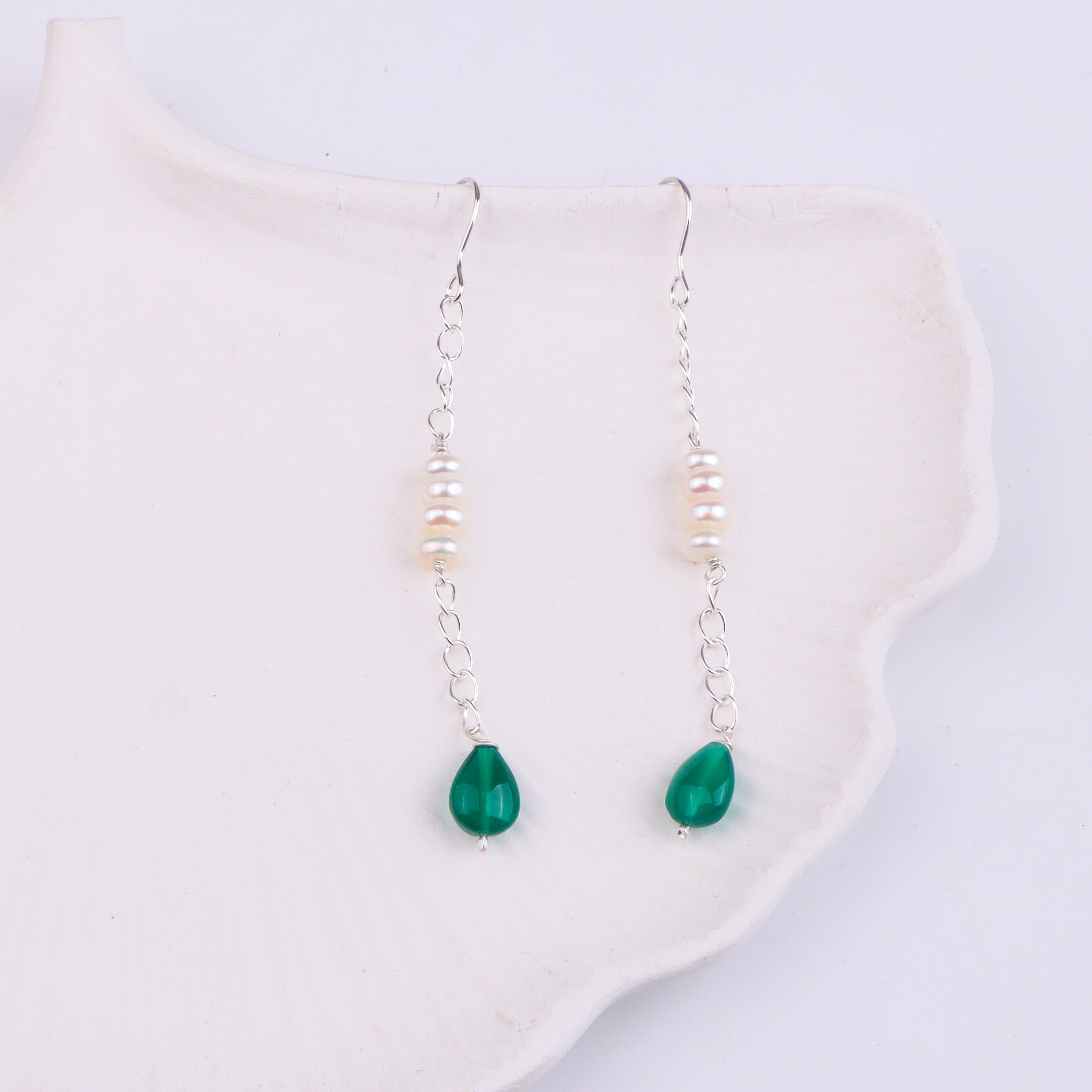 Green Onyx & Pearl Silver Earrings (Project Handmade)