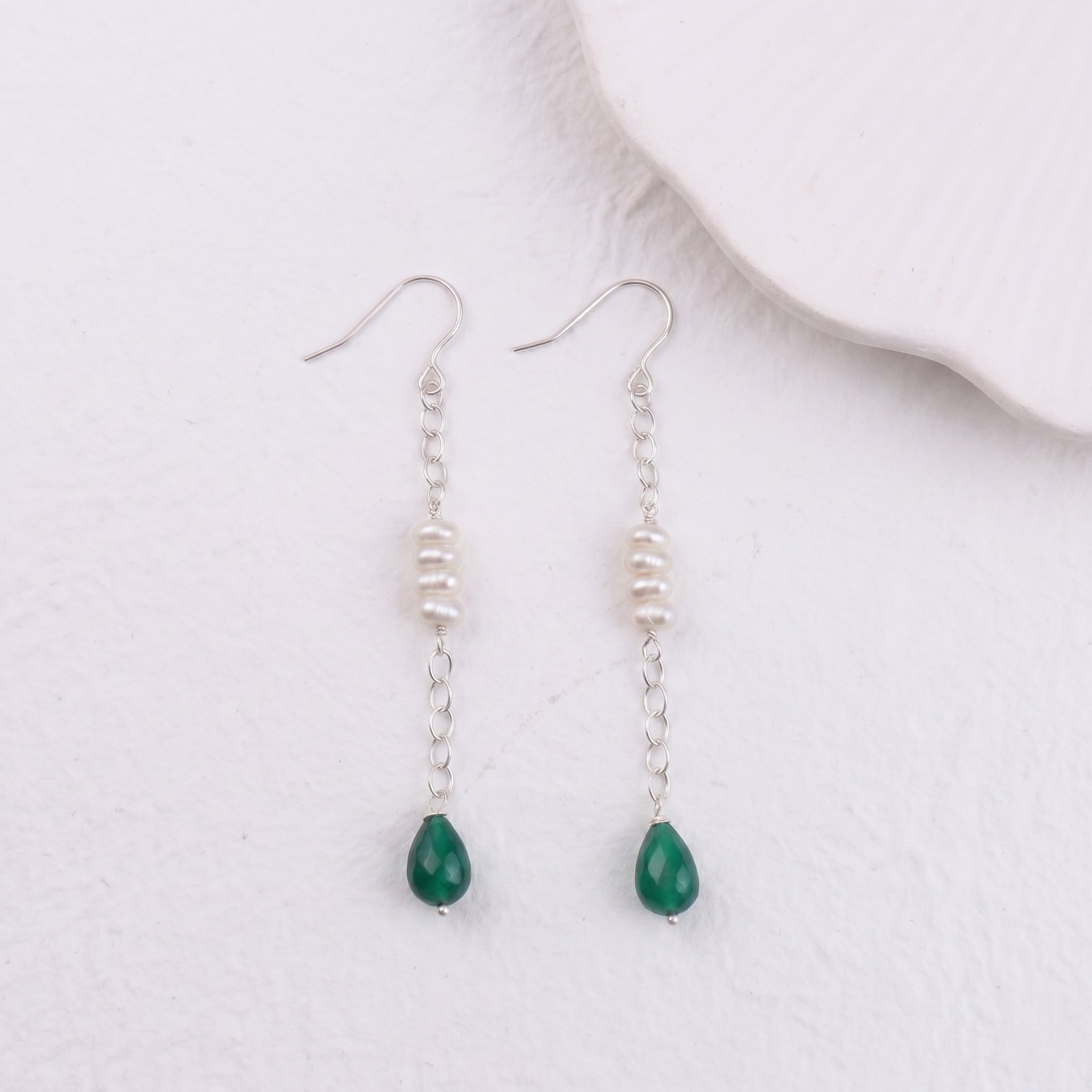 Green Onyx & Pearl Silver Earrings (Project Handmade)