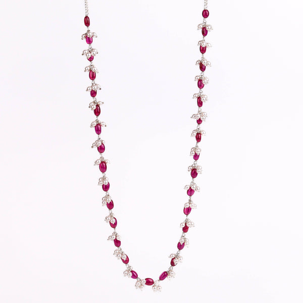 Pink and white pearl necklace with ruby accents for jewelry