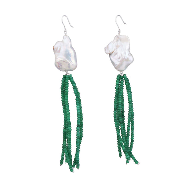 Baroque Pearl & Green Bead Silver Earrings (Project Handmade)