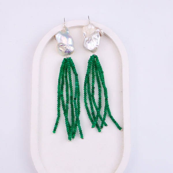 Baroque Pearl & Green Bead Silver Earrings (Project Handmade)