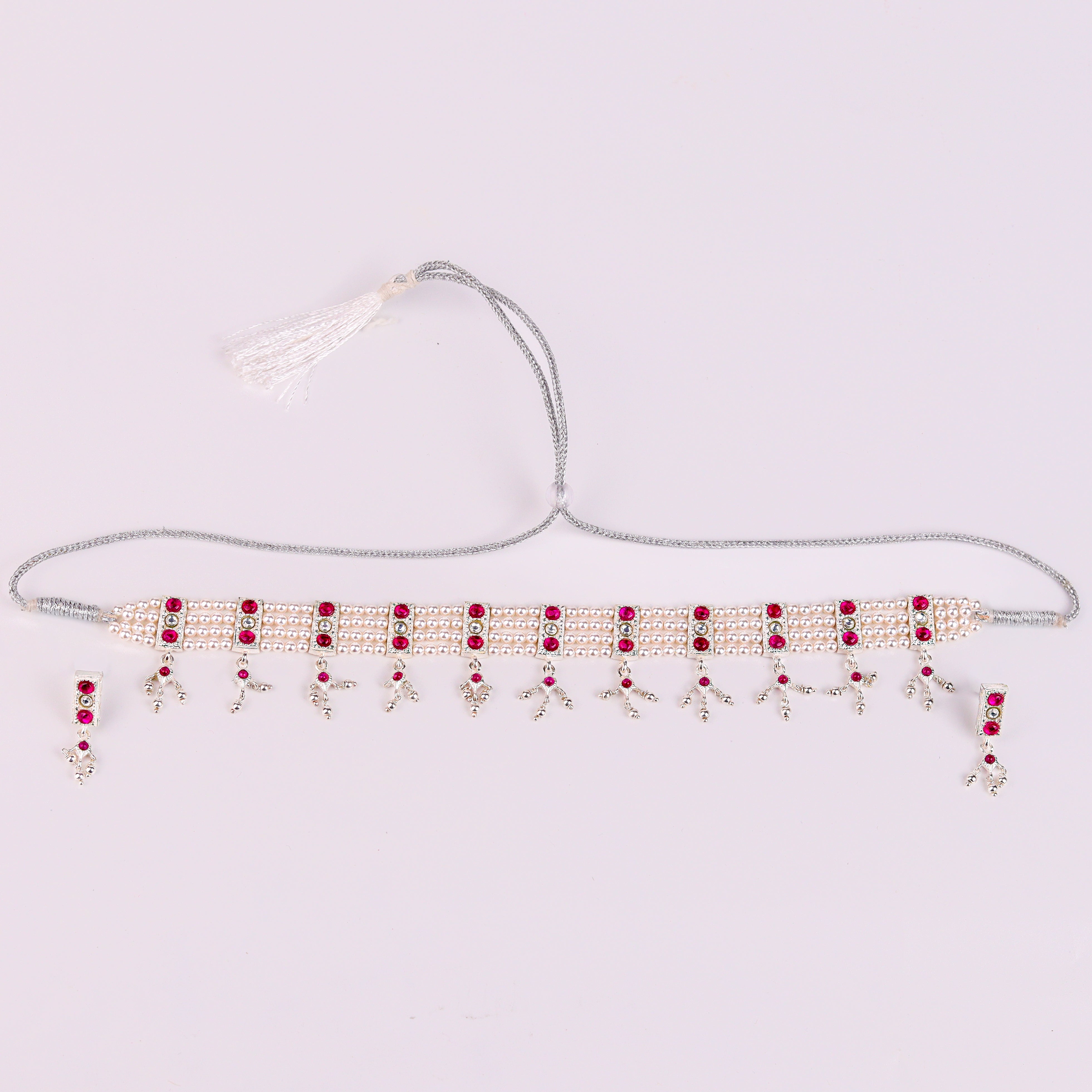 Silver Pink Stone and Pearls Chinchapeti Set