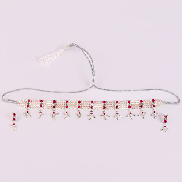 Woman styling Silver Pink Stone and Pearls Chinchapeti Set