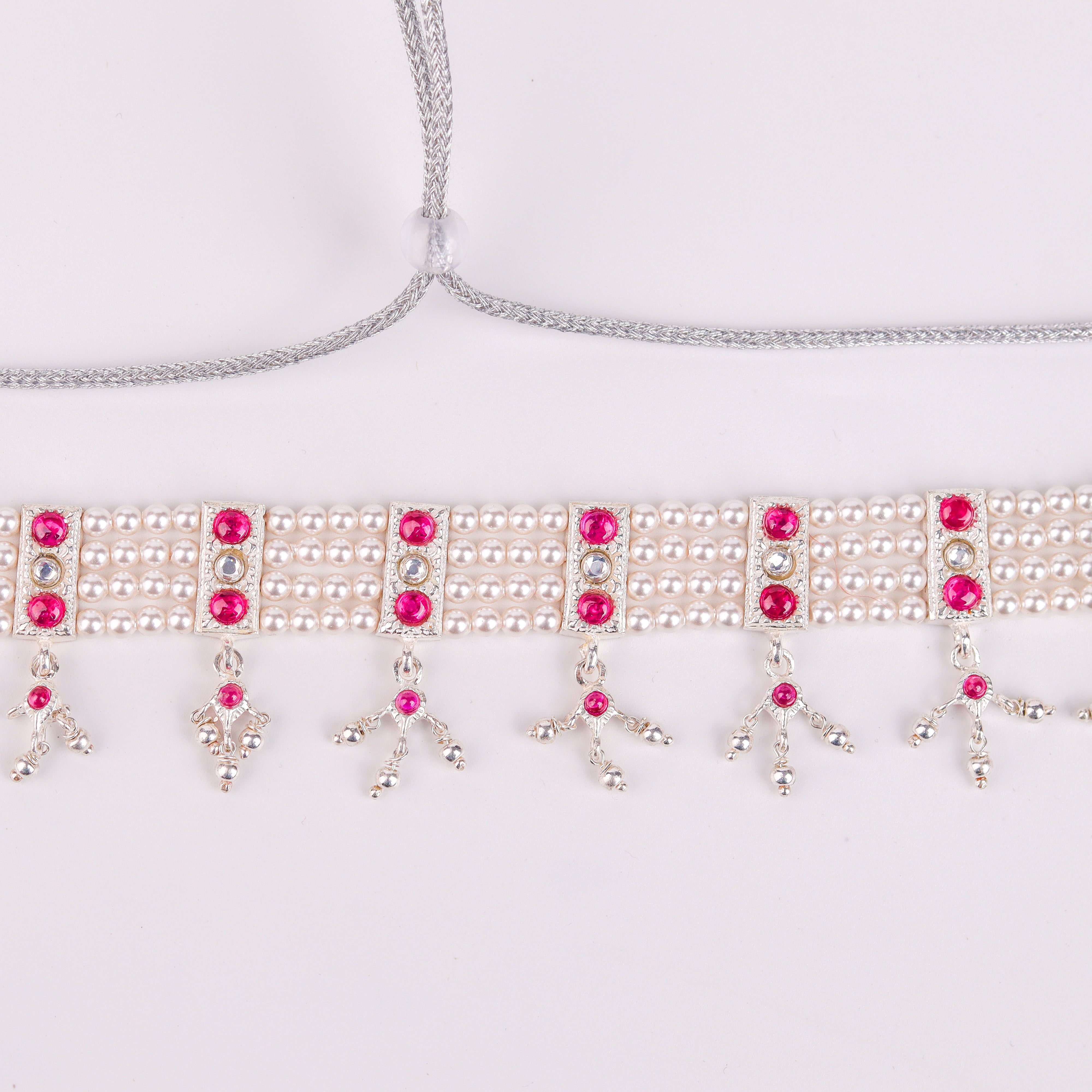 Silver Pink Stone and Pearls Chinchapeti Set