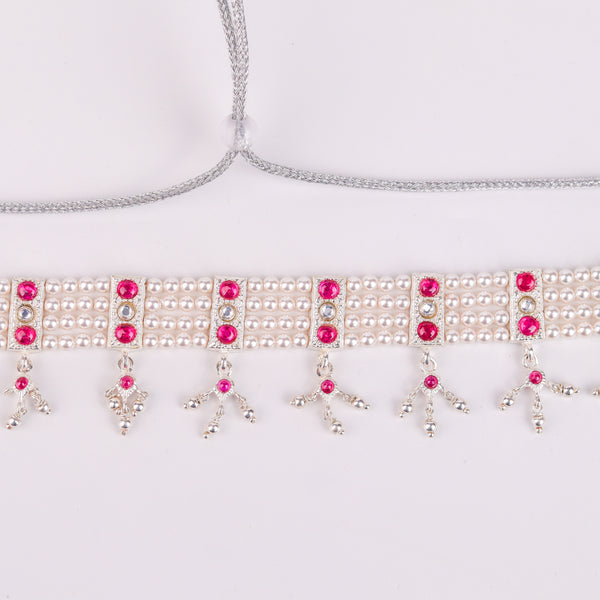 Angled view of Silver Pink Stone and Pearls Chinchapeti Set