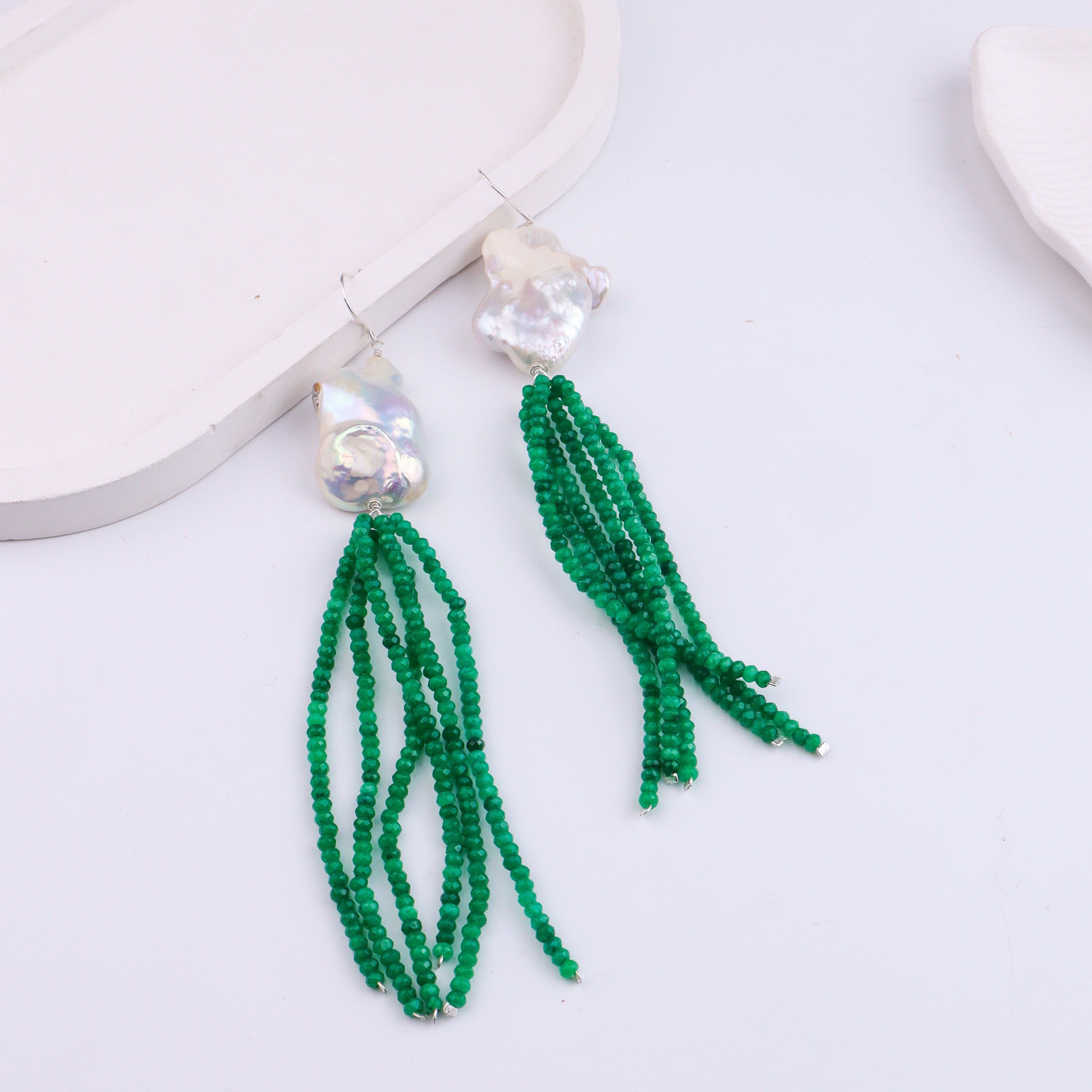 Baroque Pearl & Green Bead Silver Earrings (Project Handmade)