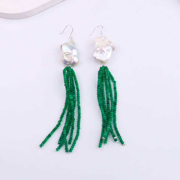 Baroque Pearl & Green Bead Silver Earrings (Project Handmade)