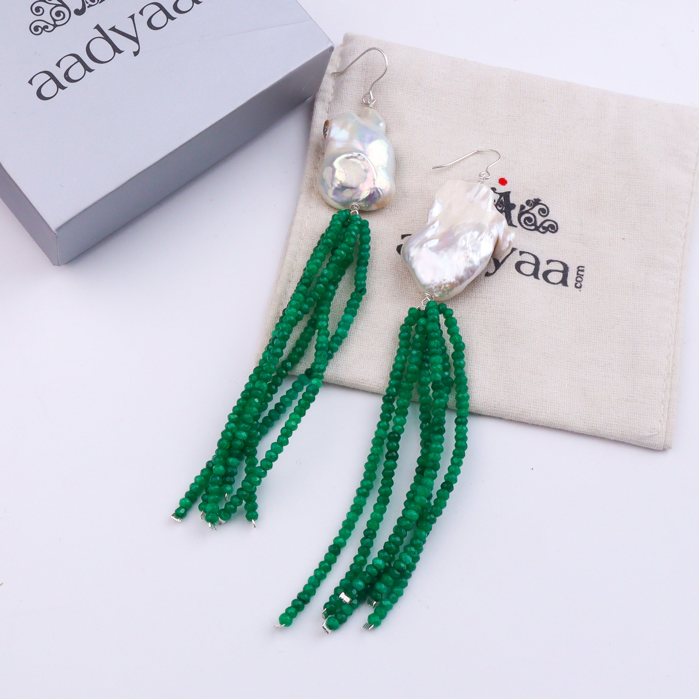 Baroque Pearl & Green Bead Silver Earrings (Project Handmade)