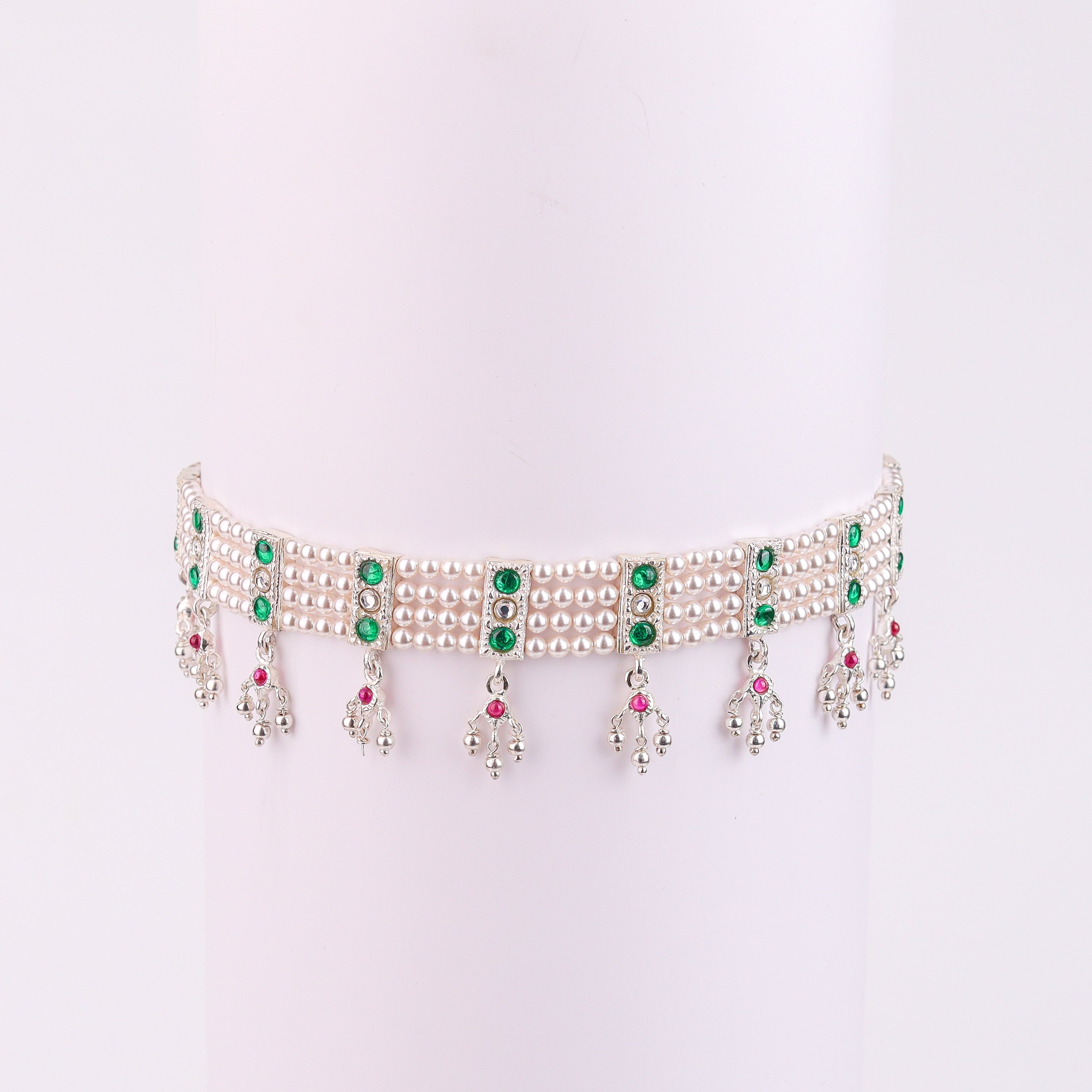 Silver Green Stone and Pearls Chinchapeti Set