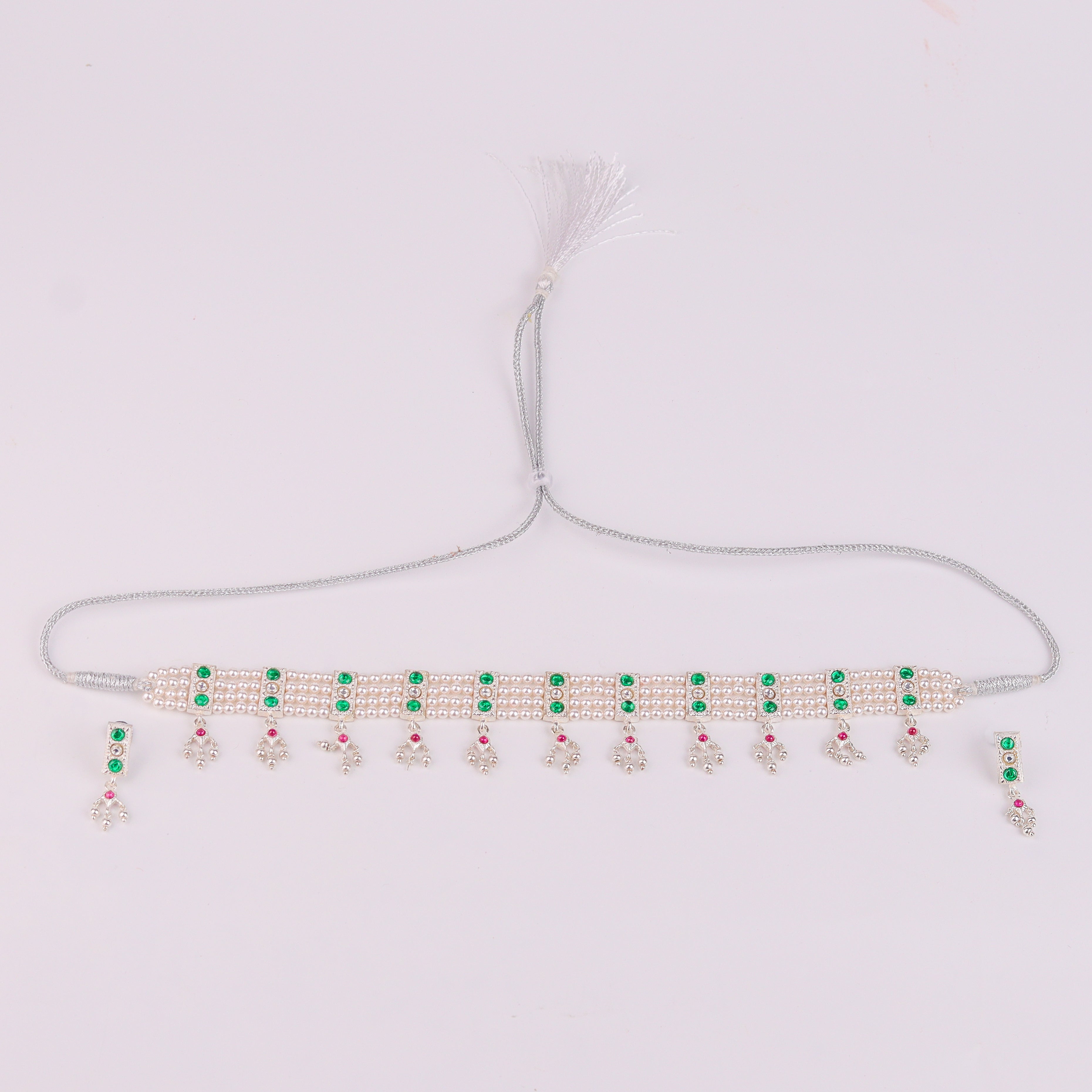 Silver Green Stone and Pearls Chinchapeti Set