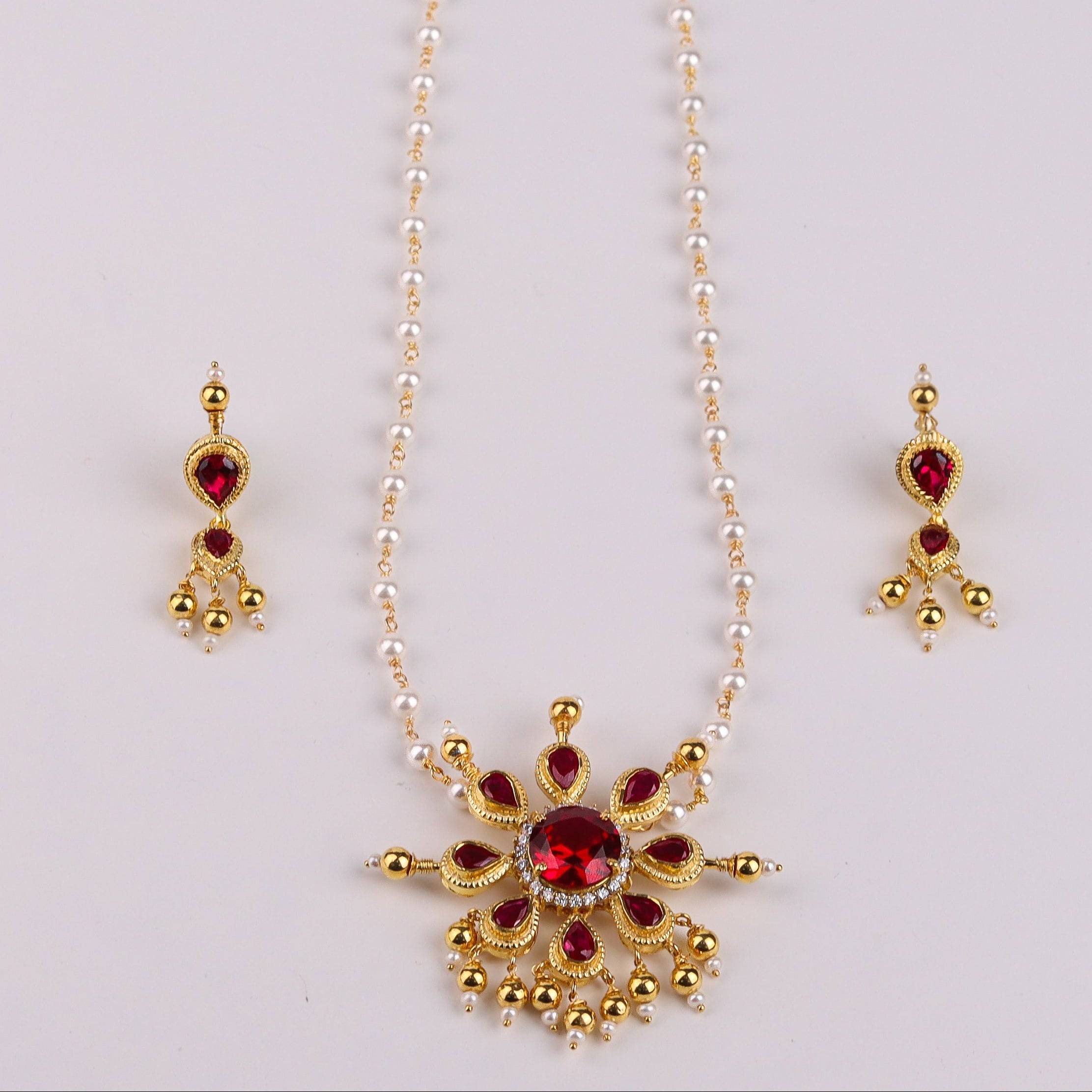 Silver Tanmani Pink Flower Pendant Set | 92.5 Silver | 22K Gold Plated
