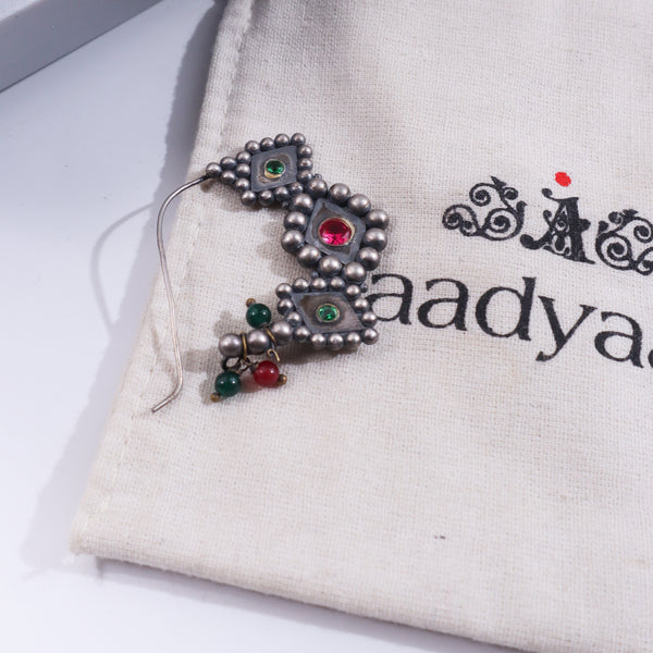 Silver Nath Godavari Pierced with green and red gemstones