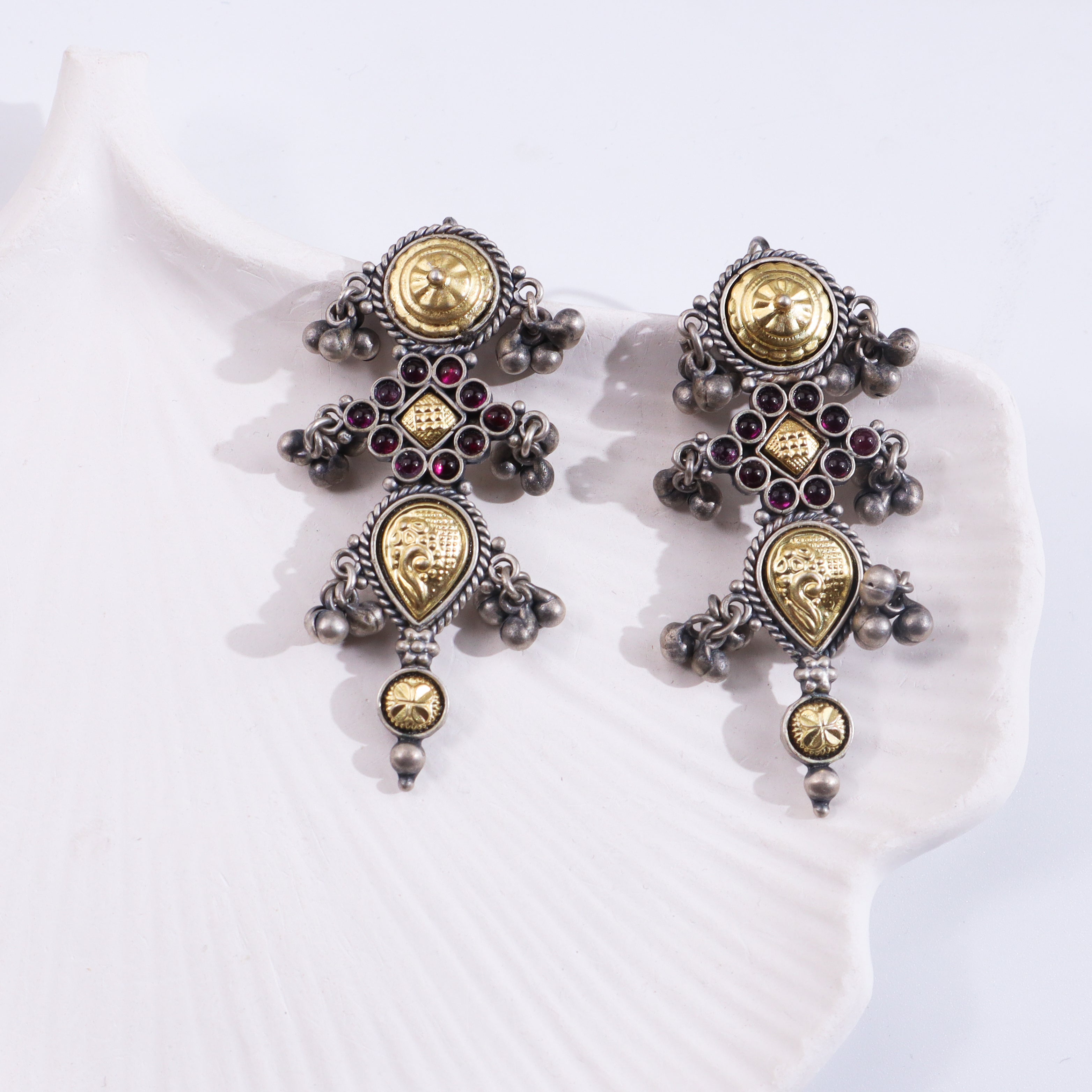 Silver Revival Rajasthani Pupat Earrings with intricate gold and silver design, adorned with small dangling silver beads