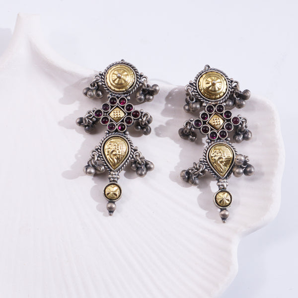 Silver Revival Rajasthani Pupat Earrings with intricate gold and silver design, adorned with small dangling silver beads