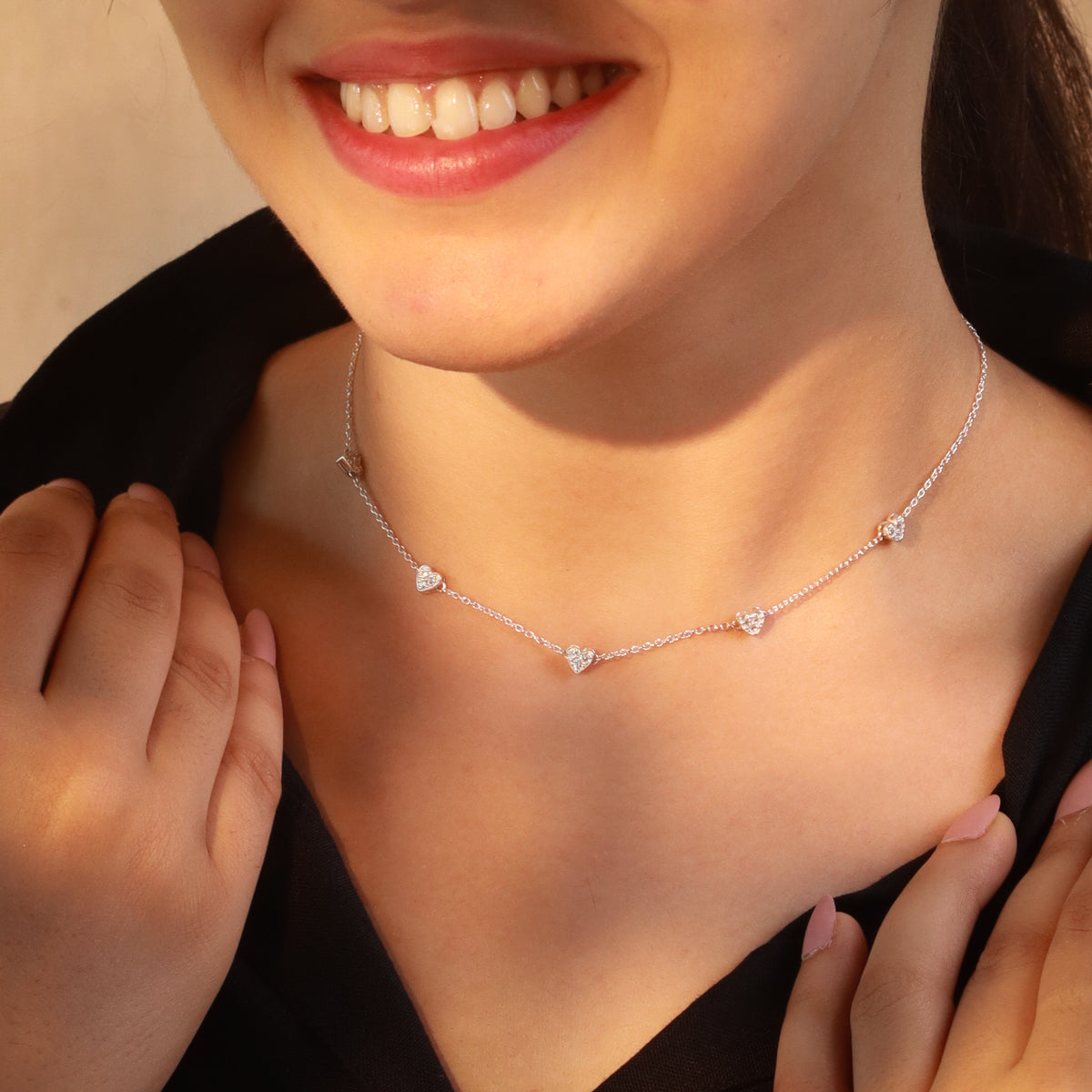 Silver CZ Studded Heart Motif Necklace