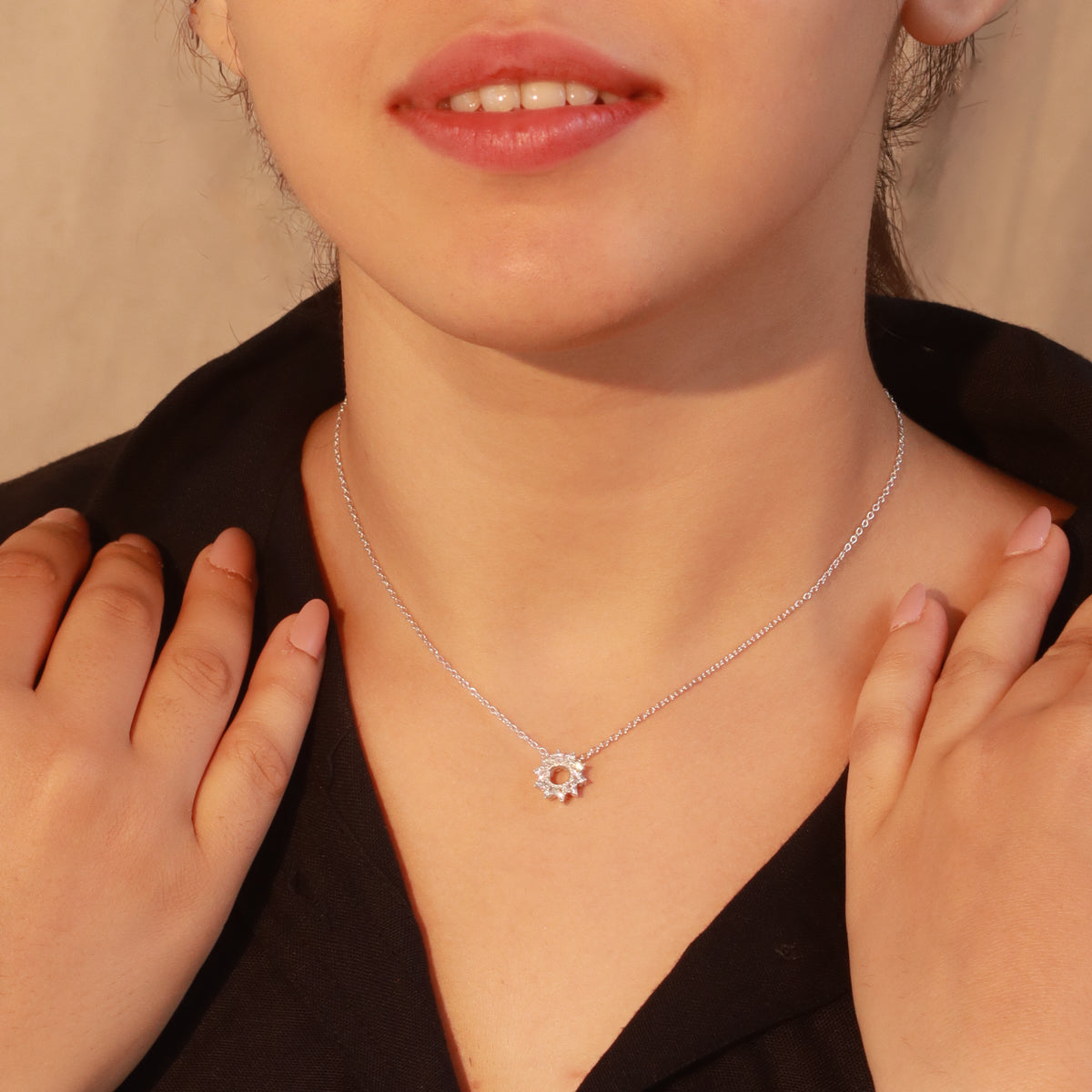 Silver CZ Sunburst Pendant Necklace