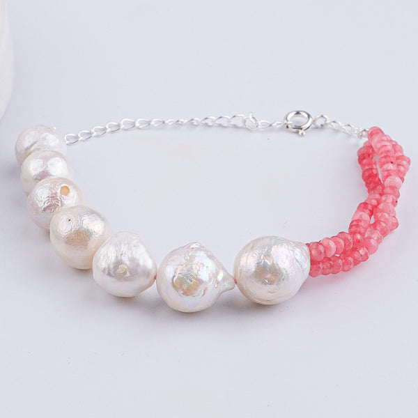 Baroque Pearl & Pink Jade Silver Bracelet (Project Handmade)