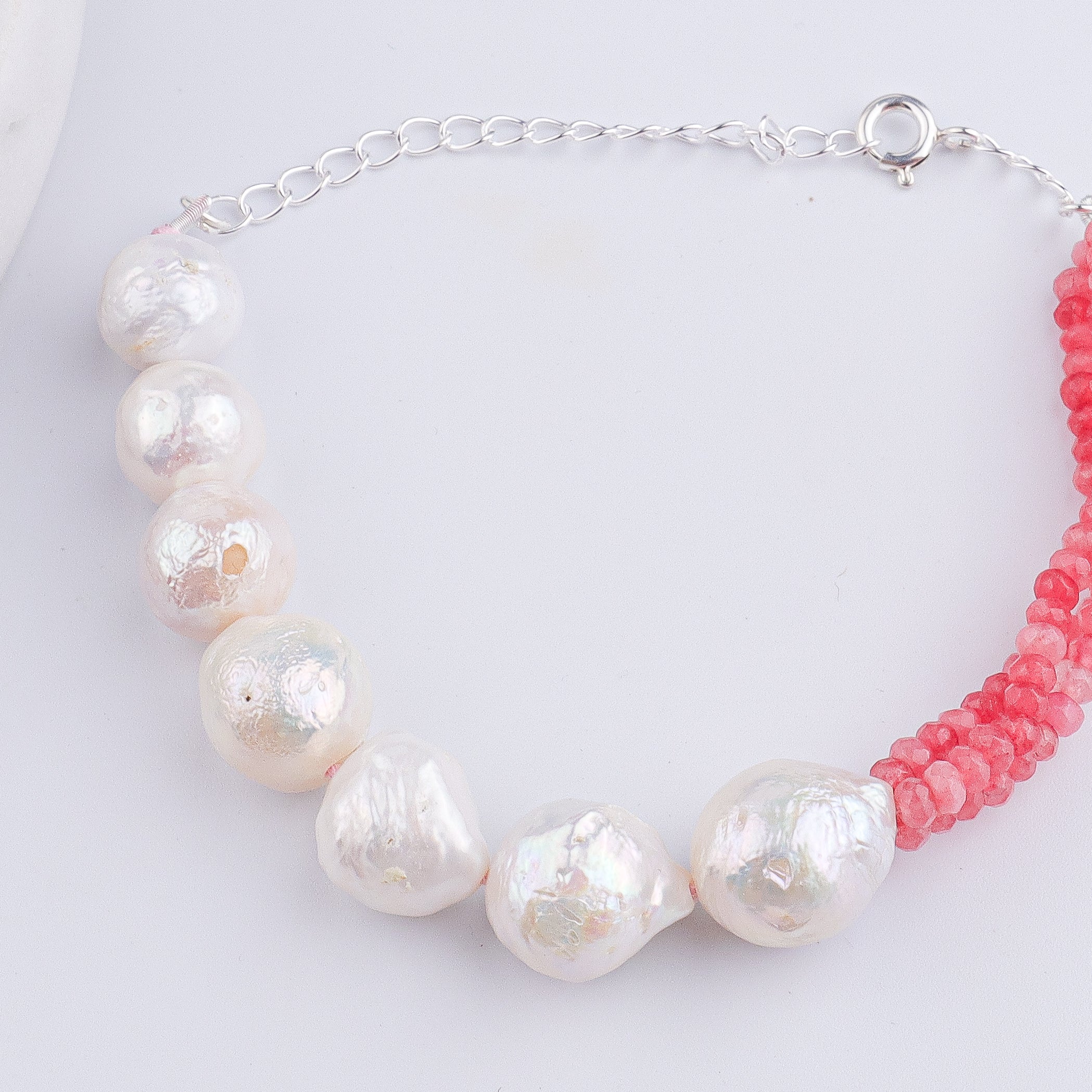 Baroque Pearl & Pink Jade Silver Bracelet (Project Handmade)