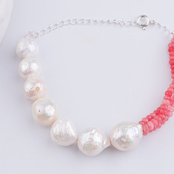 Baroque Pearl & Pink Jade Silver Bracelet (Project Handmade)