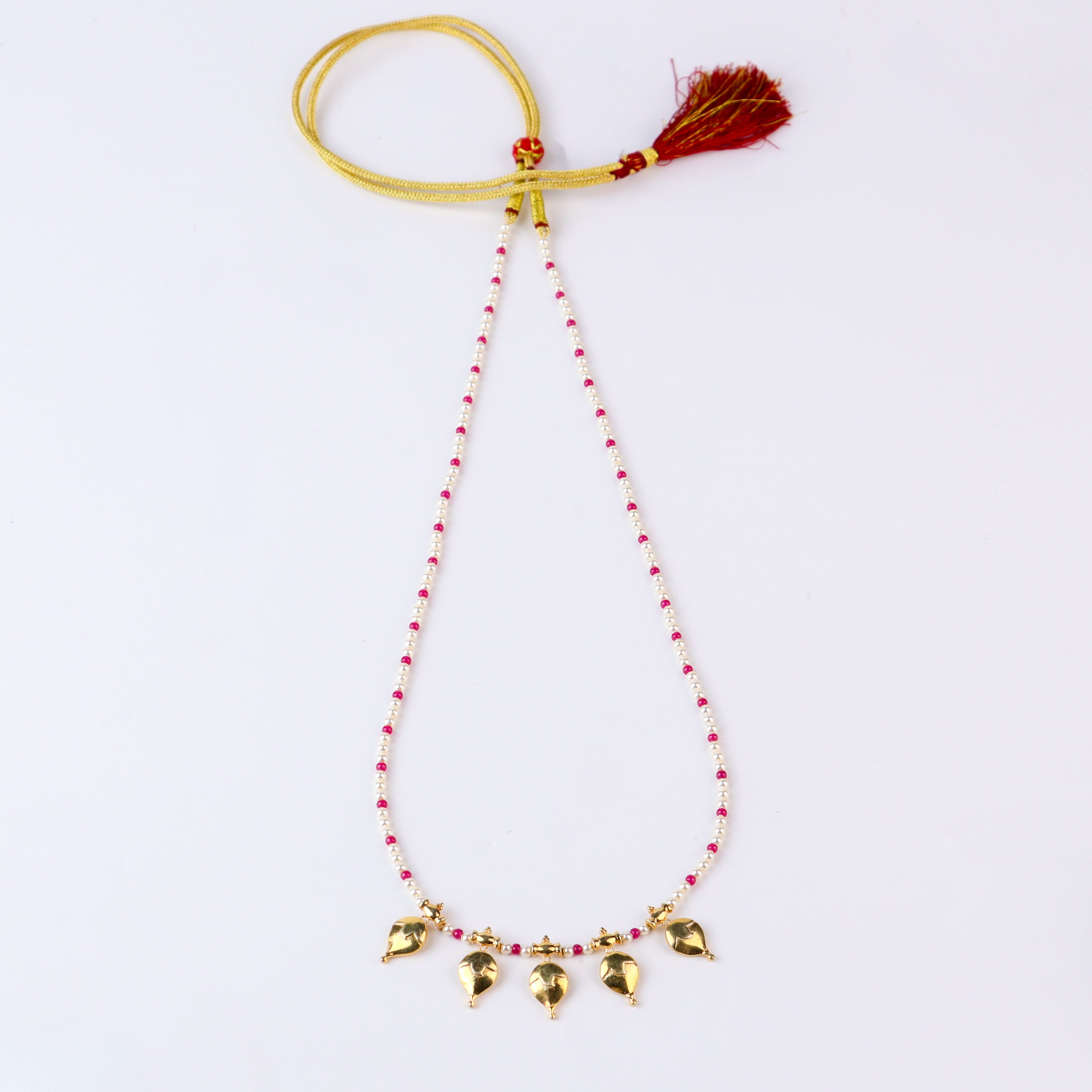 Gold Plated Silver Ruby and Pearl Necklace with वांगे (Vaange) Motif