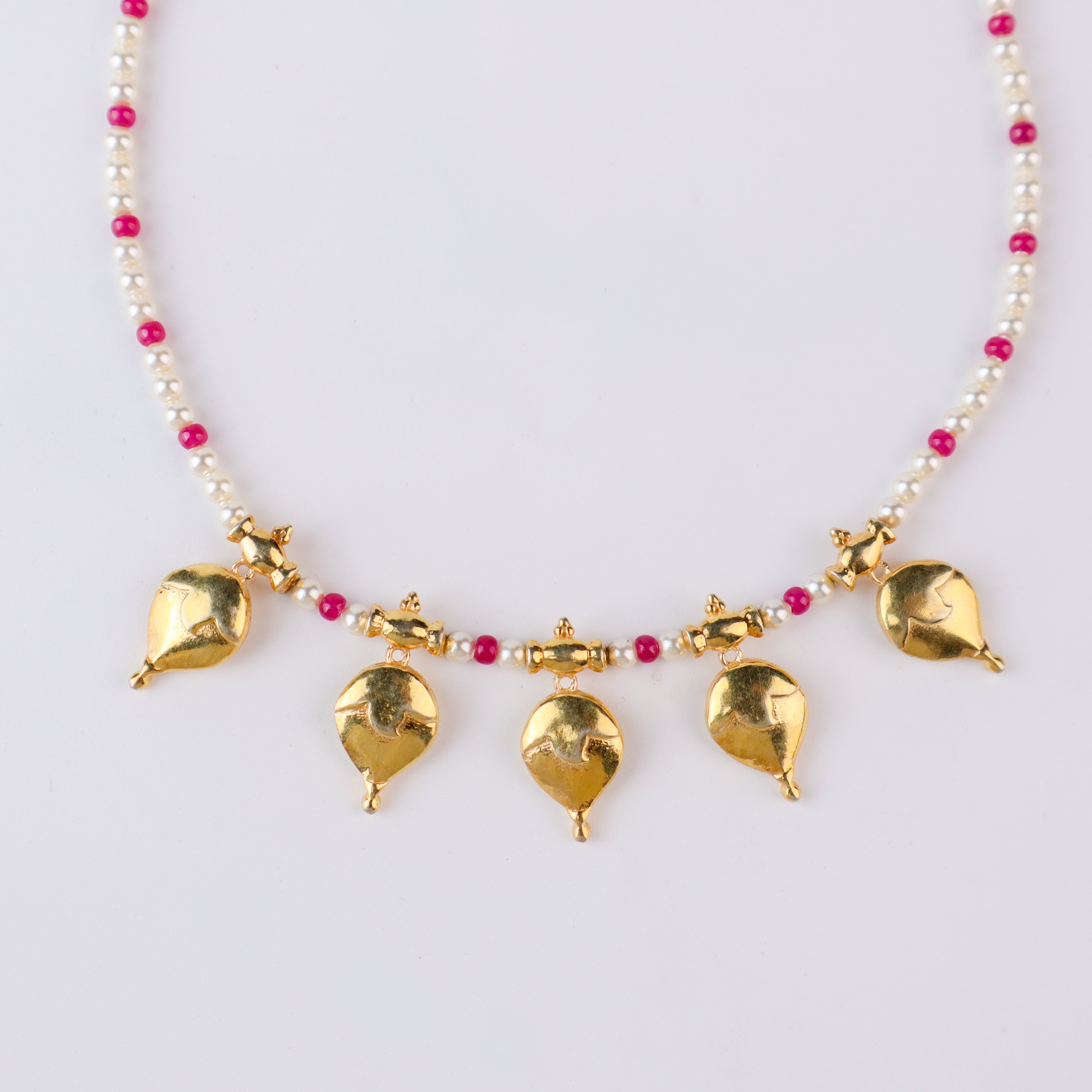 Gold Plated Silver Ruby and Pearl Necklace with वांगे (Vaange) Motif